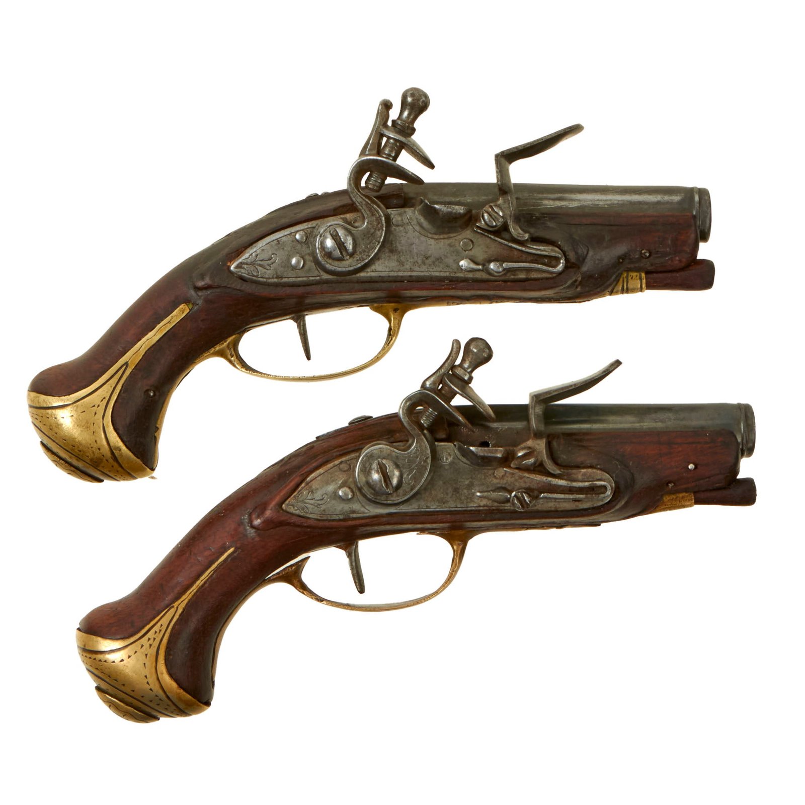 Buy Original European Continental Matched Pair of Brass Mounted Flintlock Vest Pistols - Circa 1800 | Original Firearms Antique For Sale