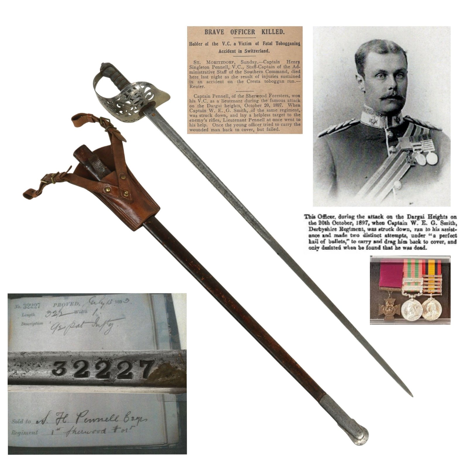 Buy Original British Tirah Campaign Victoria Cross Recipient Lieutenant Henry Singleton Pennell of 2nd Battalion Sherwood Foresters Pattern 1892 Light Officer’s Sword and Scabbard by Wilkinson | Original Firearms Antique For Sale