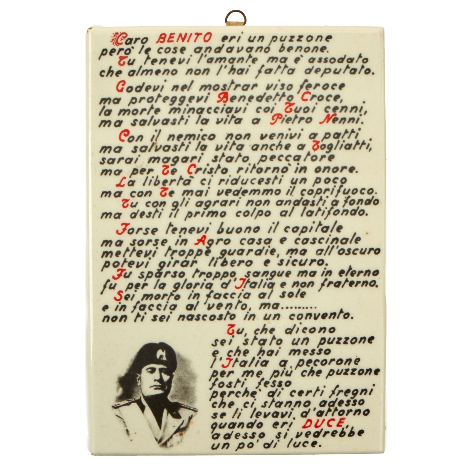 Buy Original Italian WWII Anti-Mussolini Tile with Hanger - “Dear Benito” - 5¼ x 7¼” | Original Firearms Antique For Sale