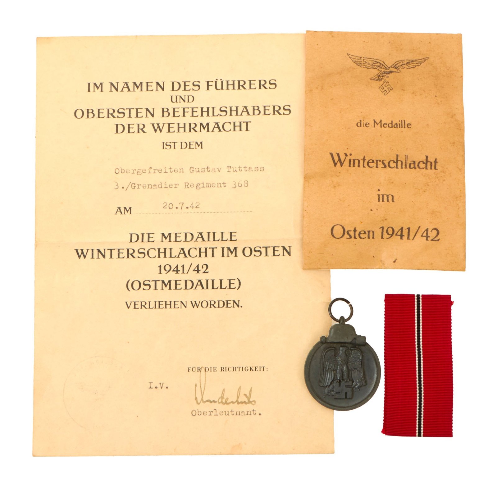 Buy Original German WWII Eastern Front Medal with Named Award Document, Ribbon, Packet, and Stickpin - 368th Grenadier Regiment | Original Firearms Antique For Sale