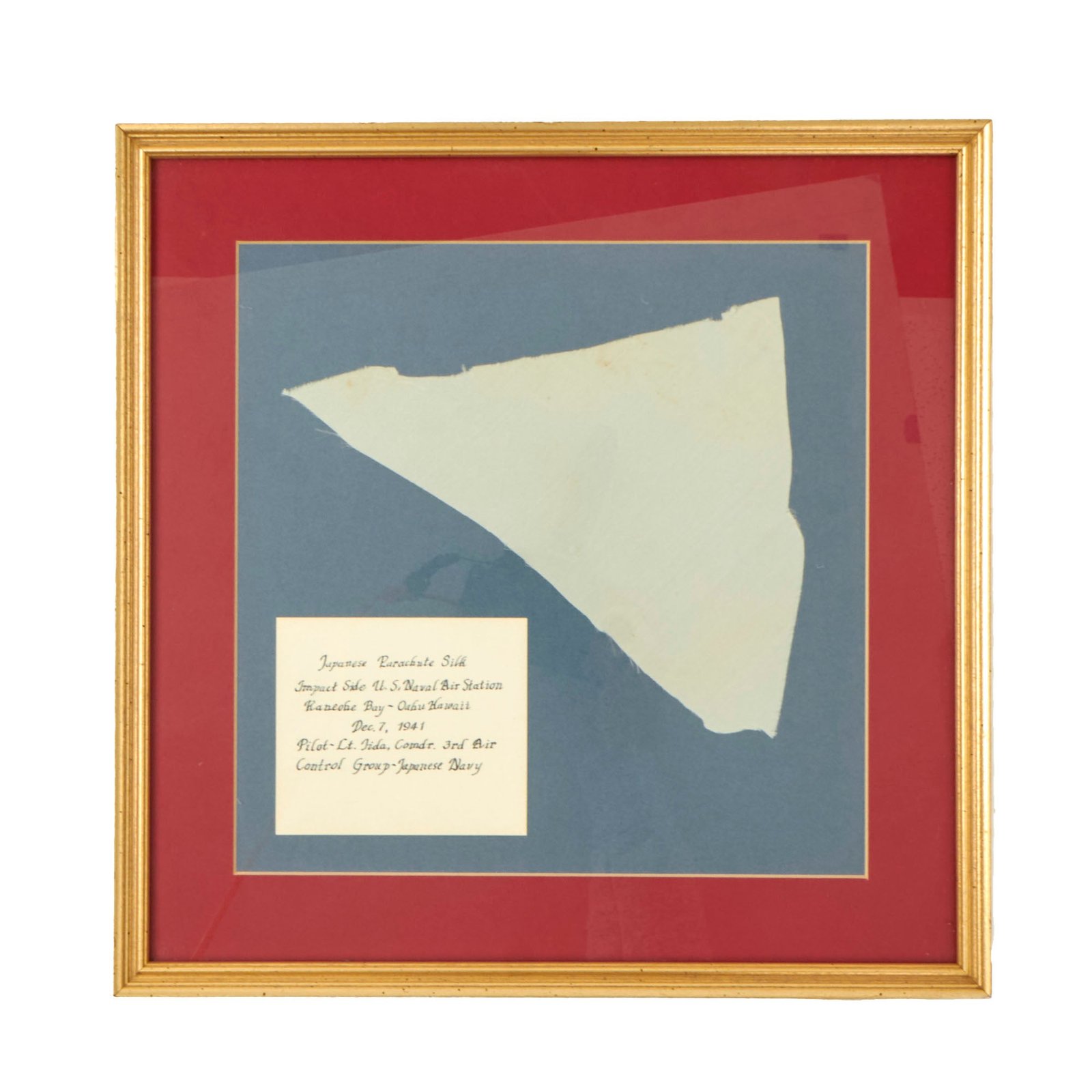 Buy Original U.S. WWII Framed Pearl Harbor-Captured Japanese Parachute Piece of Pilot Lt. Fusada Iida, Flight Leader on Soryu - 13¾ x 13¾” | Original Firearms Antique For Sale