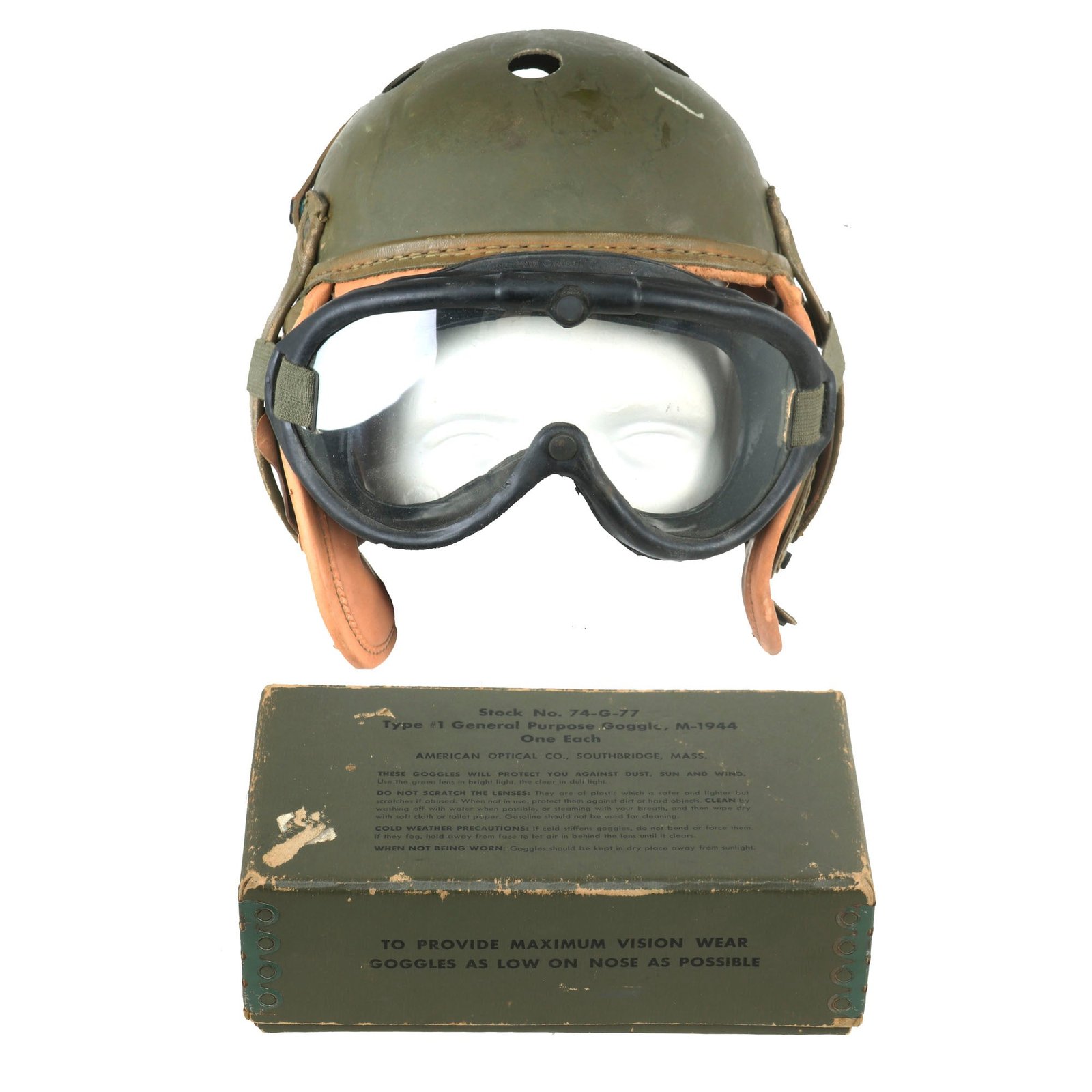 Buy Original U.S. WWII M38 Tanker Helmet by Rawlings with M-1944 Goggles in Box - Size 7⅛ | Original Firearms Antique For Sale