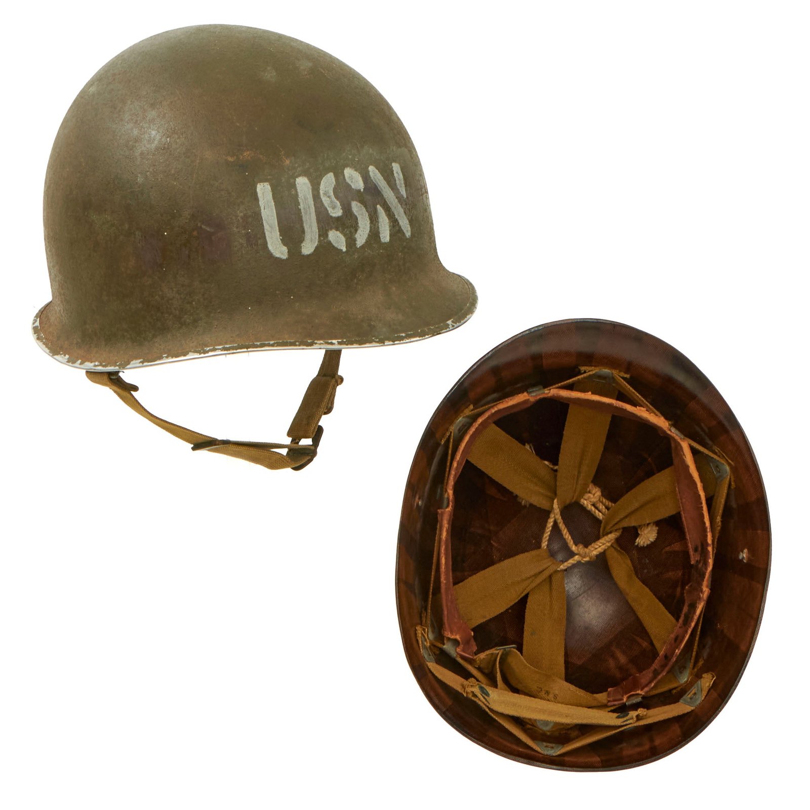 Buy Original U.S. WWII Matched Named Navy Seabees USN Marked 1942 M1 McCord Fixed Bale Front Seam Helmet with Rare Inland Liner | Original Firearms Antique For Sale
