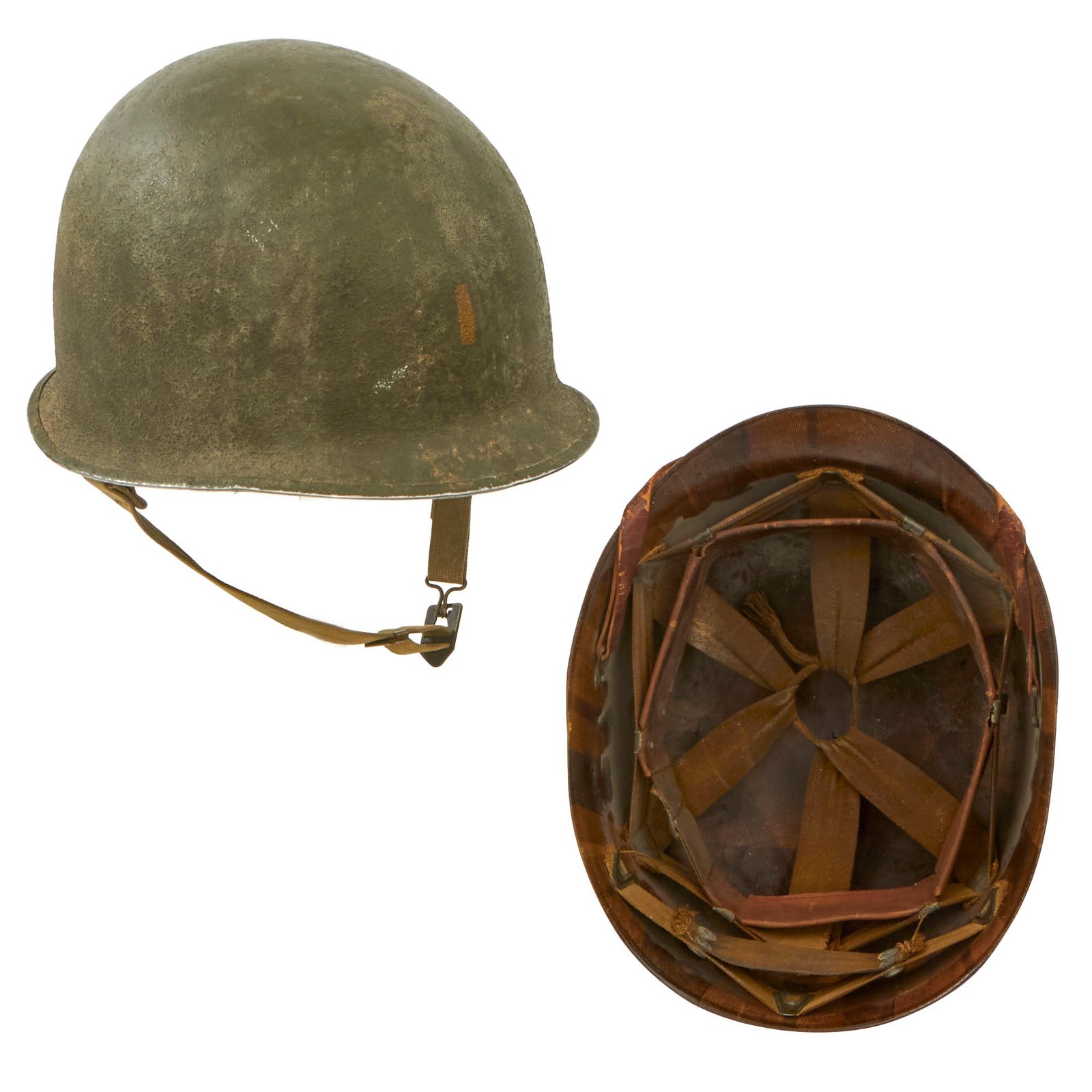 Buy Original U.S. WWII Lieutenant’s Schlueter Front Seam Fixed Bale M1 Helmet with Matching International Molded Plastics Liner | Original Firearms Antique For Sale
