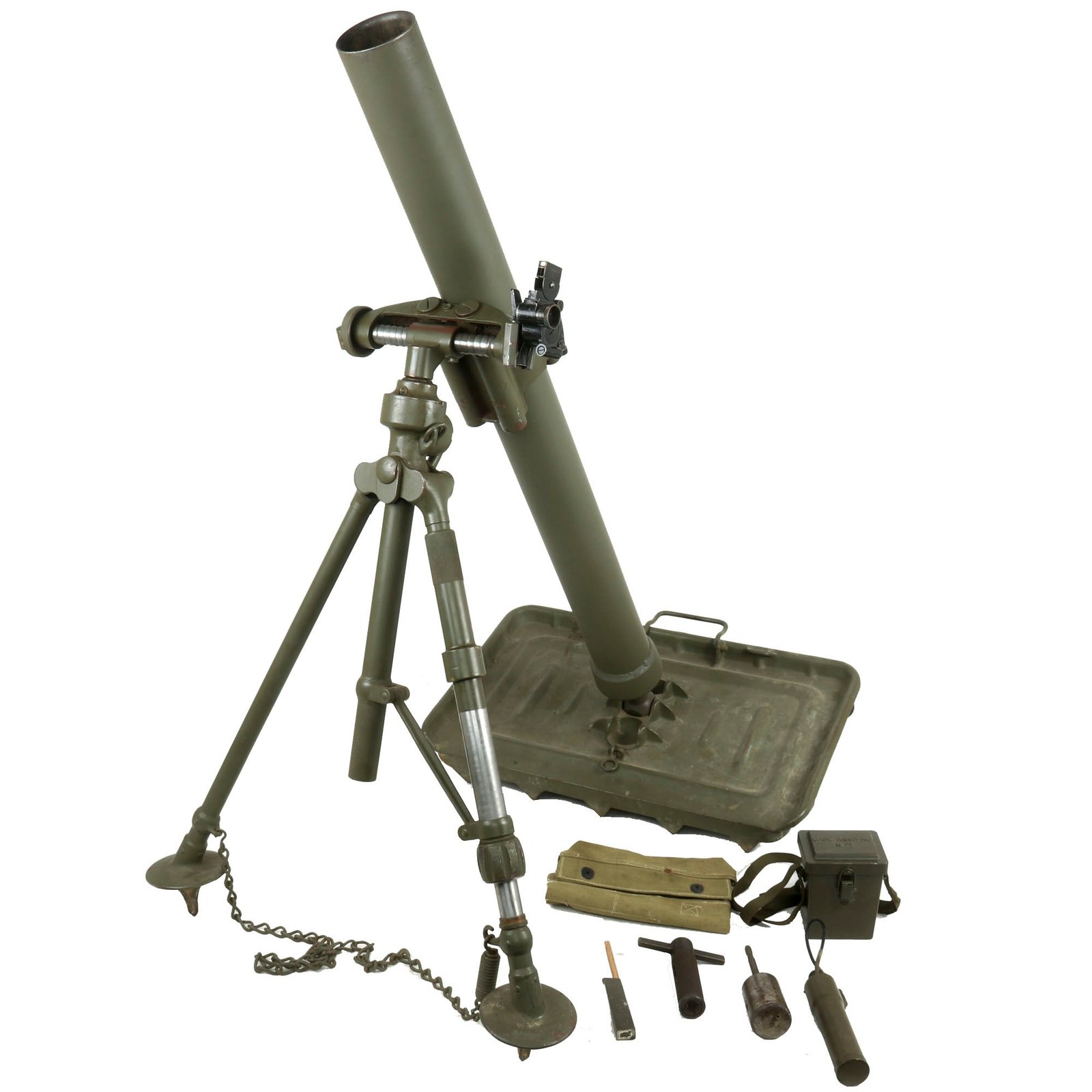 Buy Original Portuguese WWII Type 81mm M/937 Display Mortar System with Baseplate, Bipod, U.S. M4 Sight & Accessories - Inert | Original Firearms Antique For Sale