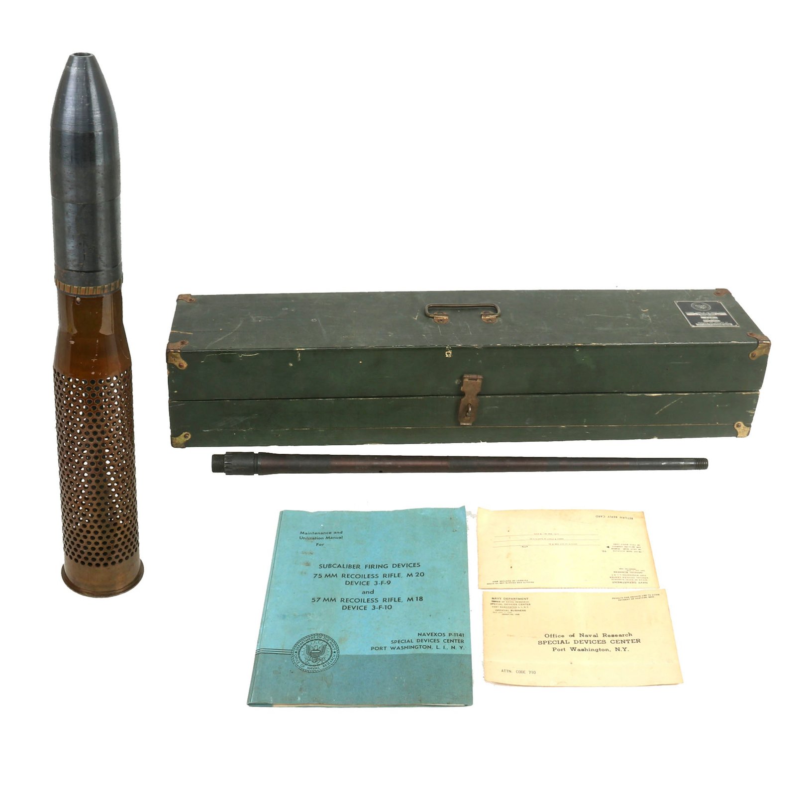 Buy Original U.S. Post-WWII Inert 75mm M20 Recoilless Rifle Subcaliber Firing Device Set in Original Case with Manual - Dated 1953 | Original Firearms Antique For Sale