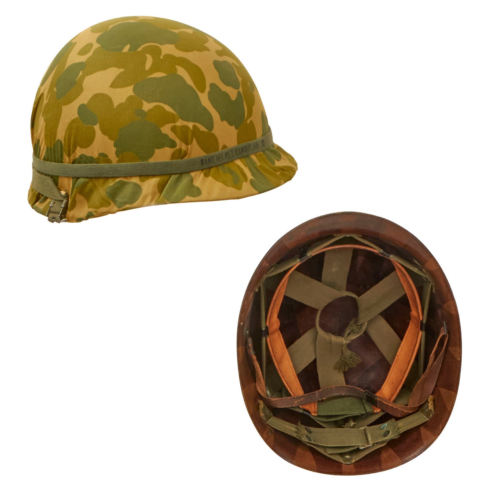 Buy Original U.S. Korean War Era M1 Helmet with Camouflage Parachute Canopy Helmet Cover & 68th Armor Regiment CAPAC Liner | Original Firearms Antique For Sale