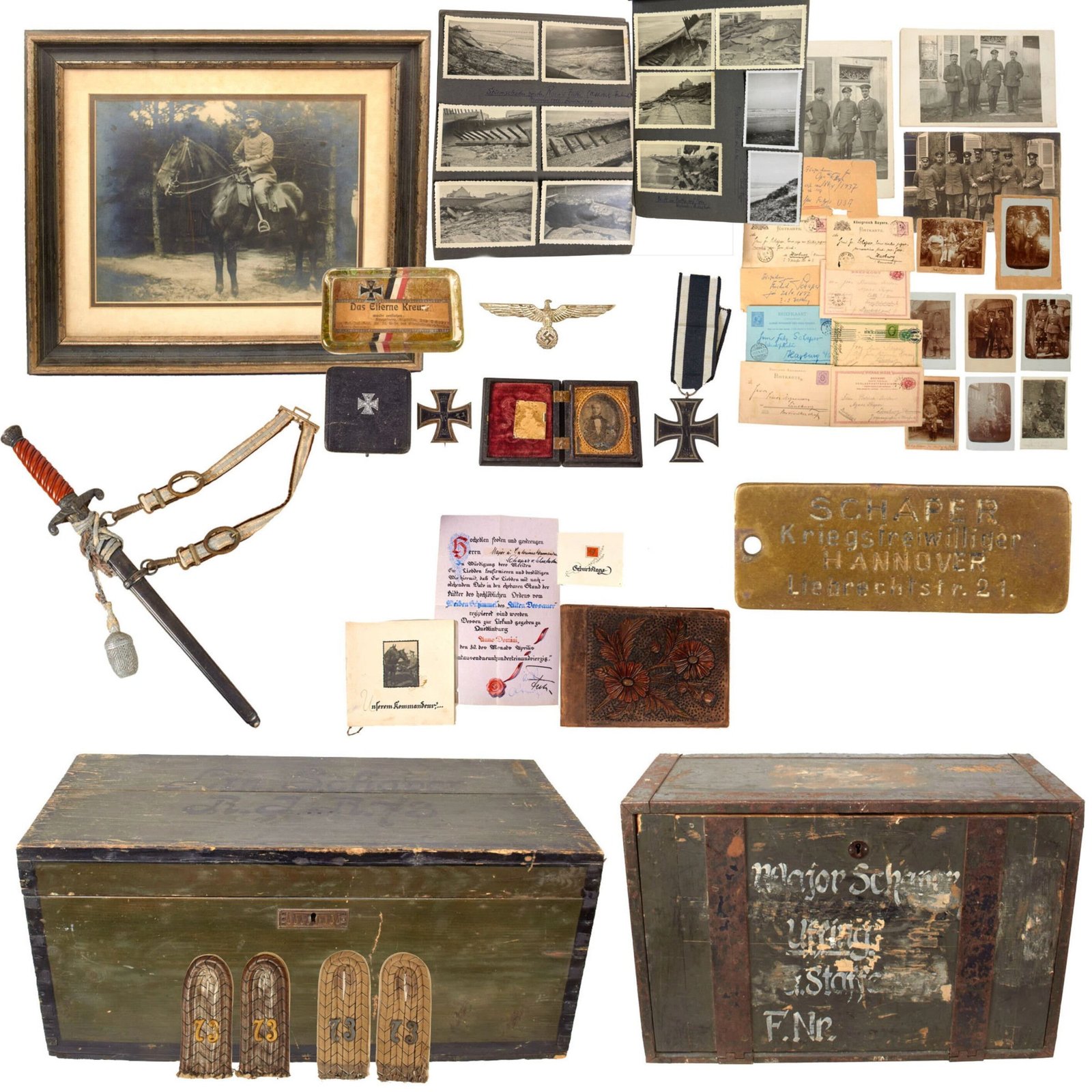Original German WWI & WWII Major Friedrich “Fritz” Schaper Grouping with Atlantic Wall Photo Album & Trunks from Both Wars
