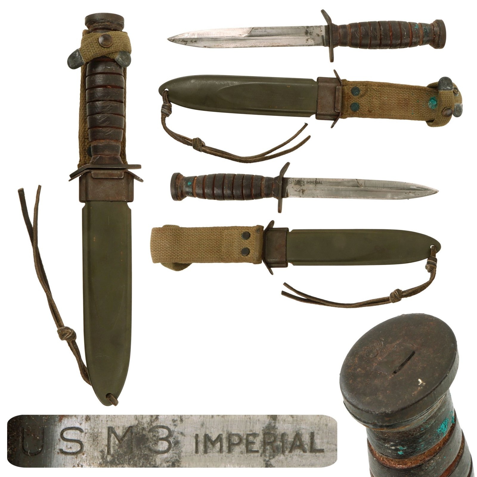 Original U.S. WWII Named Blade Marked Second Pattern M3 Fighting Knife by Imperial Knife Co. with Updated M8 Scabbard by B.M. Co.