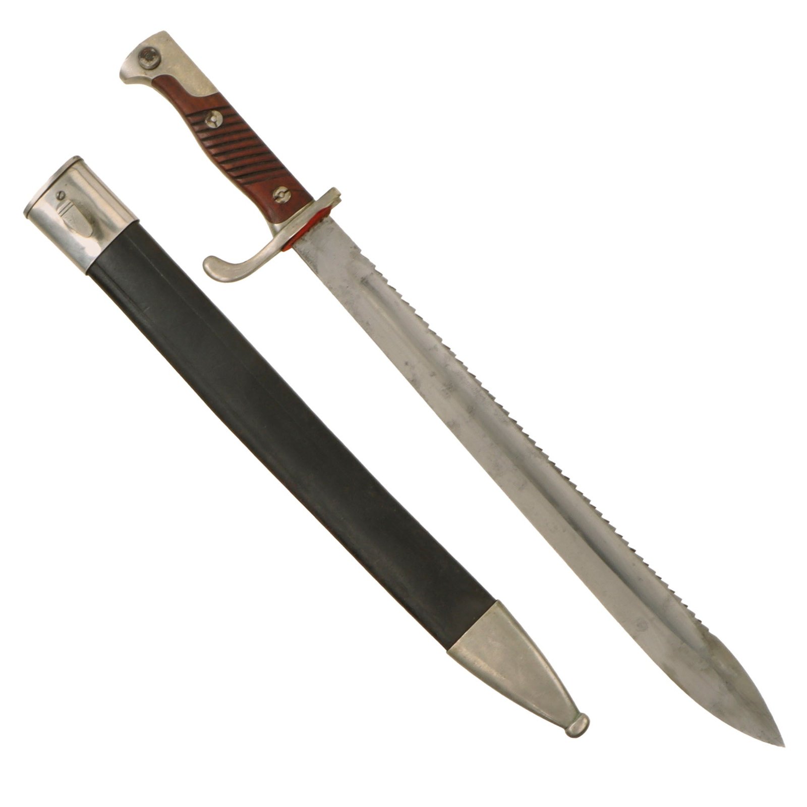 Original German WWI Commercial Private Purchase M1898/05 n/A Butcher Sawback Bayonet with “High Horns” & Leather Scabbard