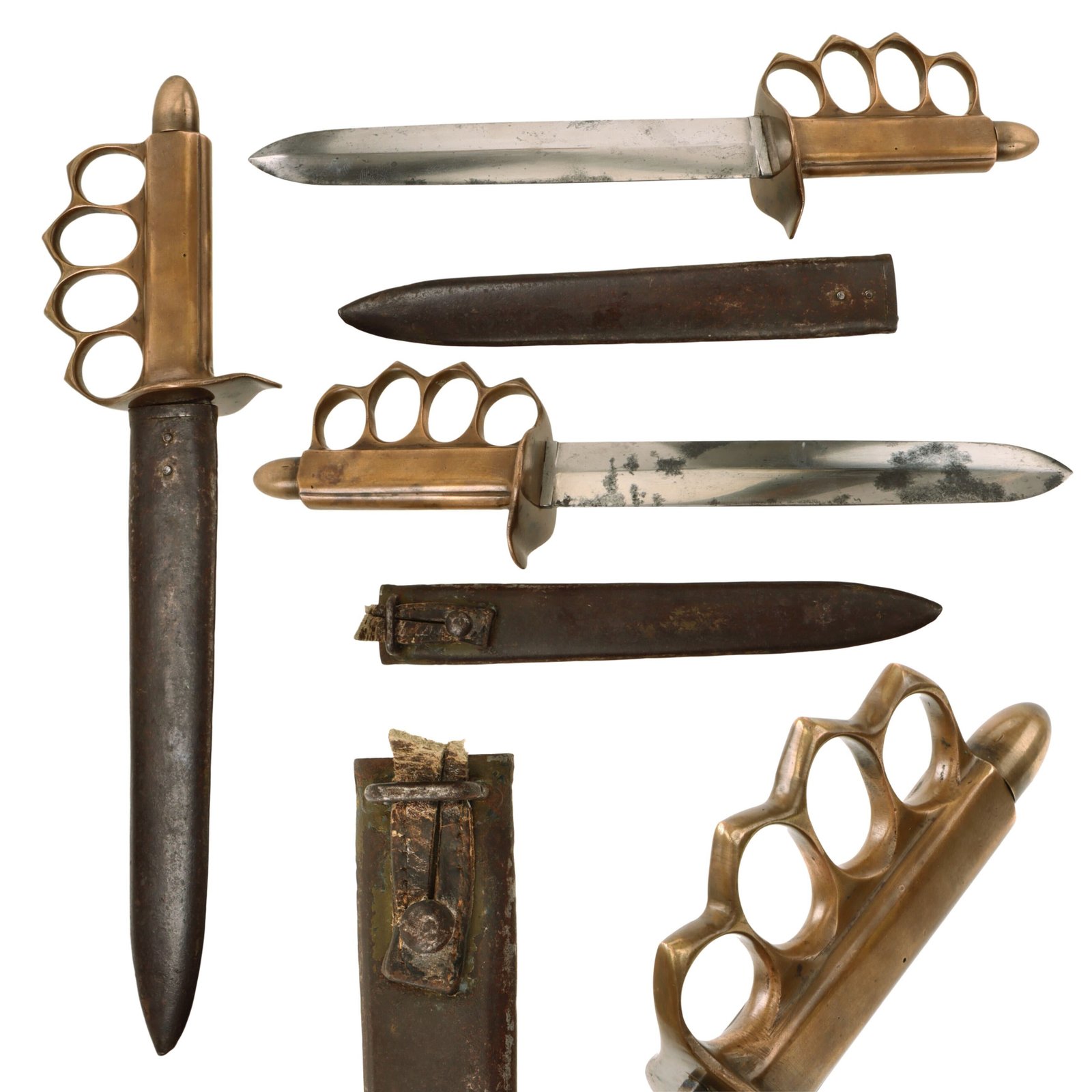 Original U.S. WWII Italian-Made M1918 Trench Knife Style Brass Knuckle Trench Knife with Blade Similar to M.V.S.N. Fighting Dagger & Recycled WWI Austro-Hungarian WWI Trench Knife Scabbard