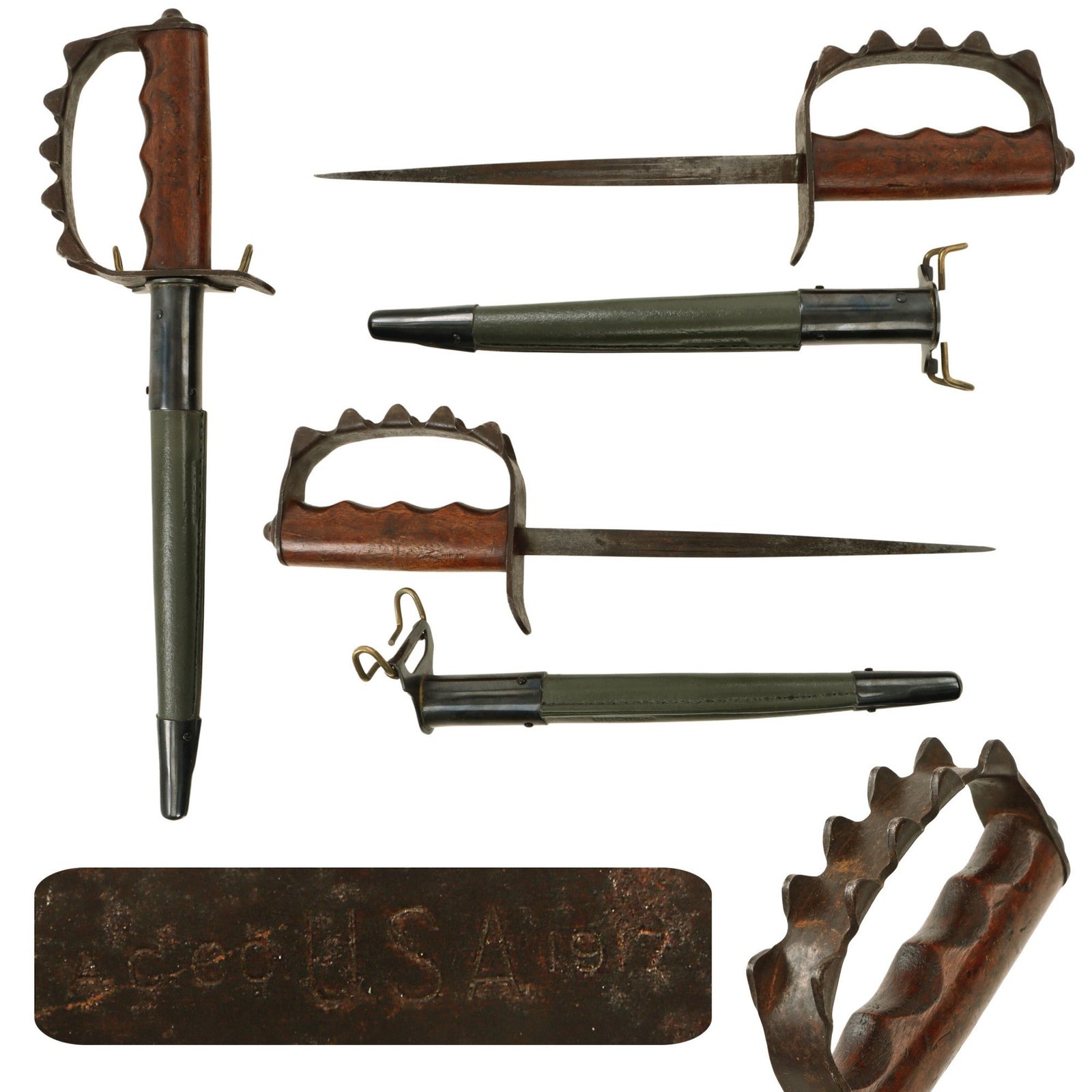 Original U.S. WWI M1917 Knuckle Duster Trench Knife by American Cutlery Co. with Reproduction Scabbard - Rare Maker