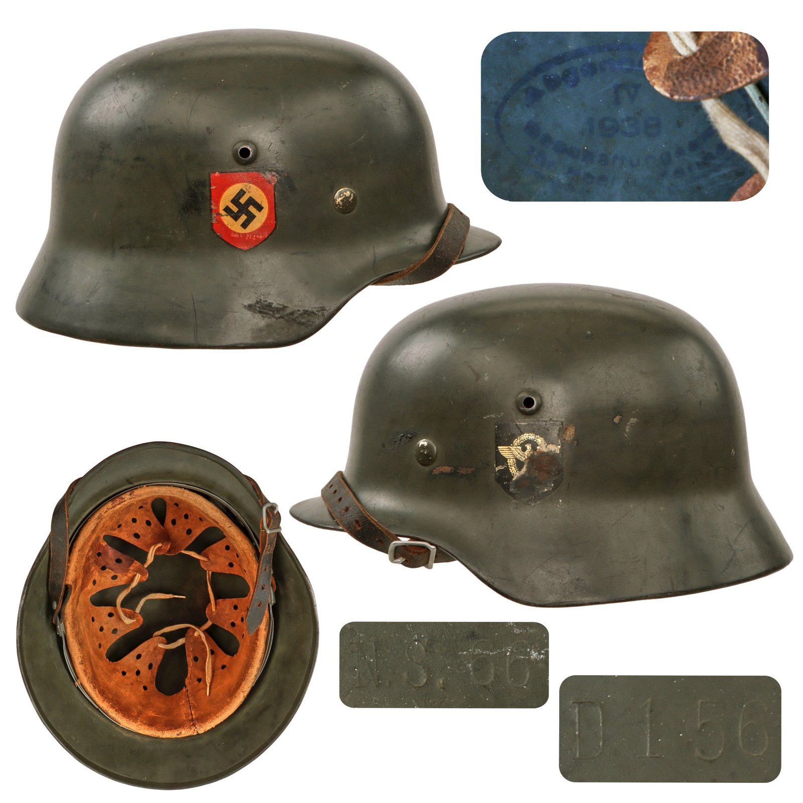 Original German WWII Double Decal NSDAP Civic Police M35 Steel Combat Helmet with Dome Stamp, 1938 Dated 59cm Liner, and Chinstrap - NS66