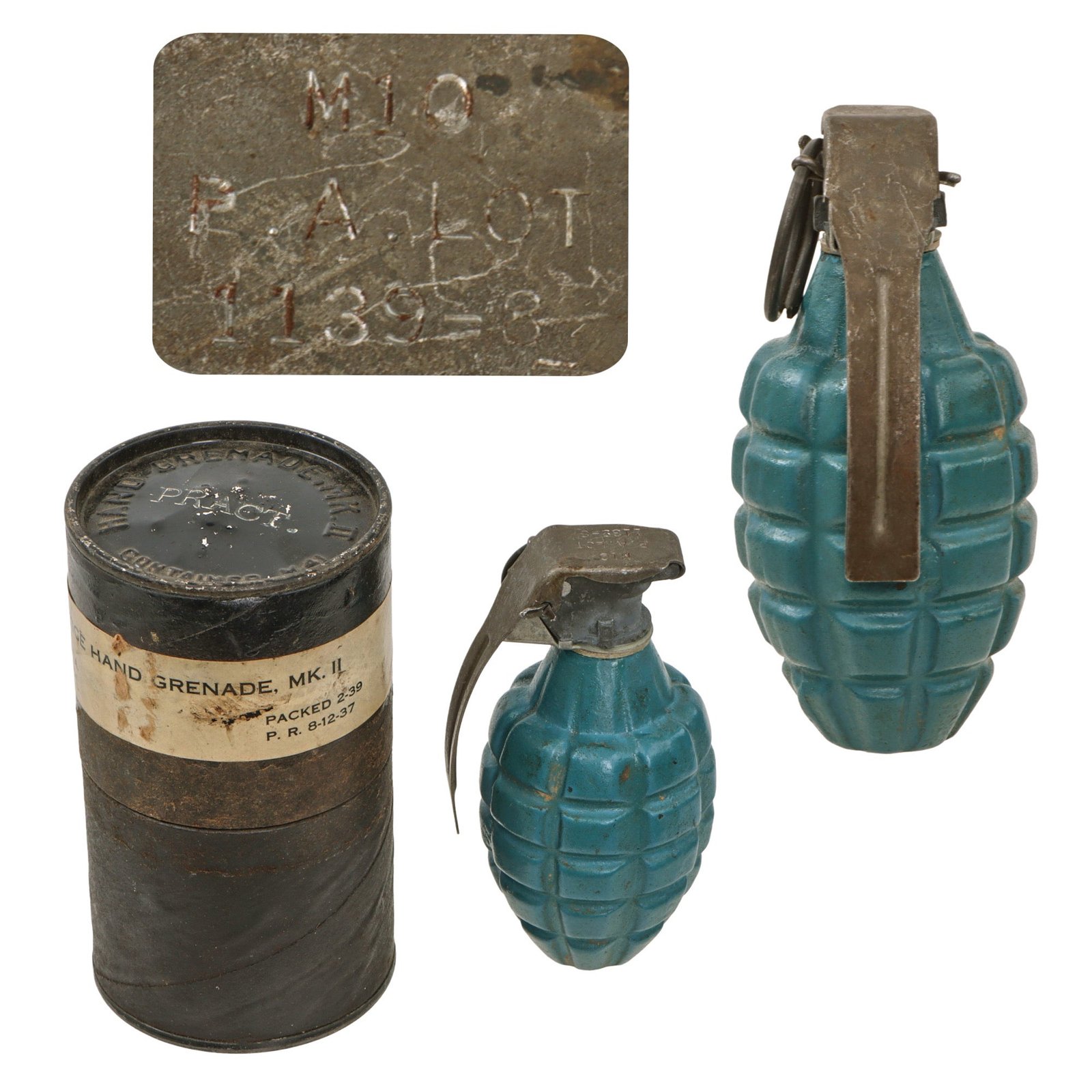 Original U.S. WWII M21 Inert Practice Pineapple Fragmentation Training Hand Grenade with Early Cutback M10 Fuze and Original Correct Husk - Dated 1939
