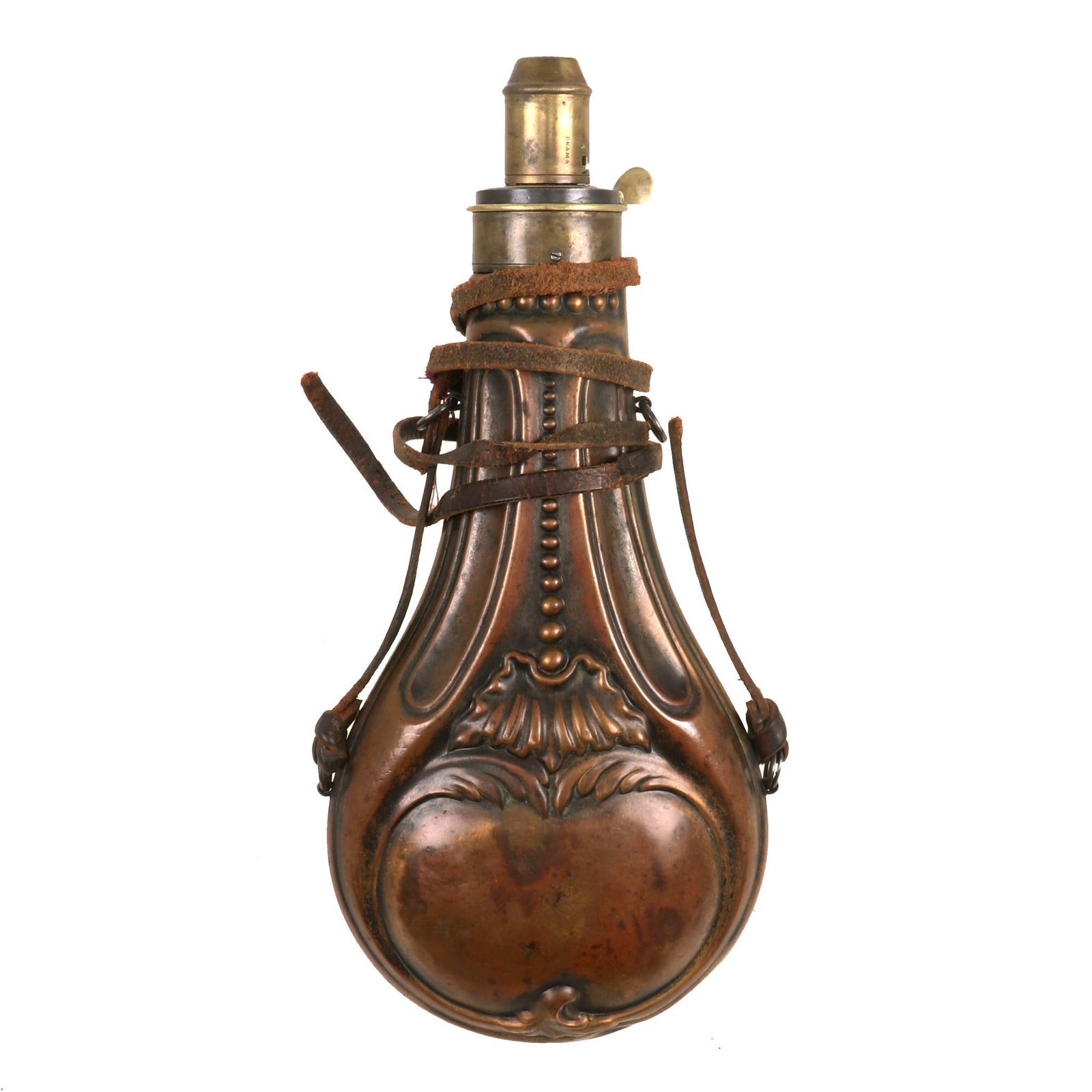 Buy Original British U.S. Civil War Era 1850s Large Brass Powder Flask by Dixon of Sheffield  with Original Leather Carrying Strap | Original Firearms Antique For Sale