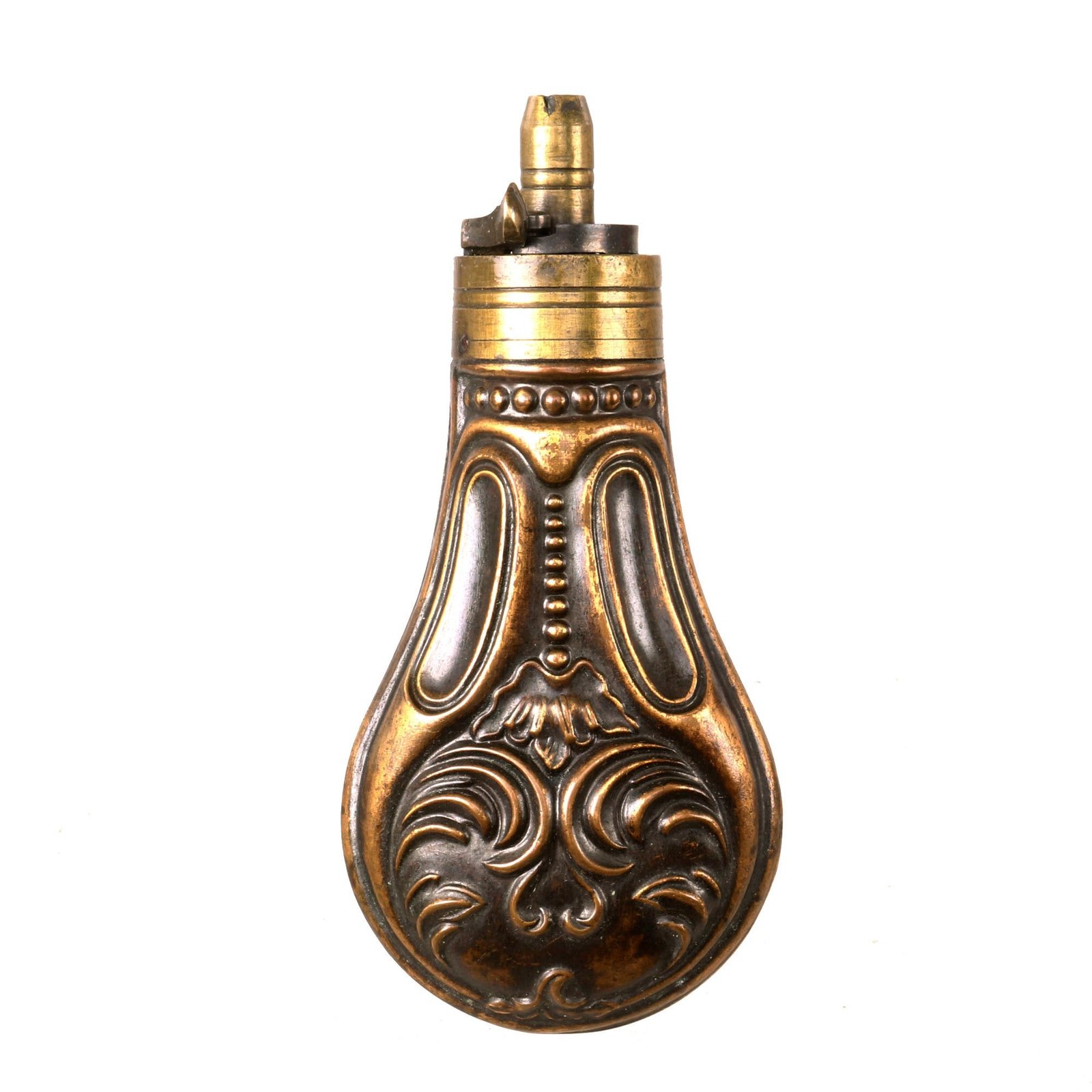 Buy Original U.S. or British American Civil War Era Small Floral Design Embossed Copper Pistol Powder Flask | Original Firearms Antique For Sale