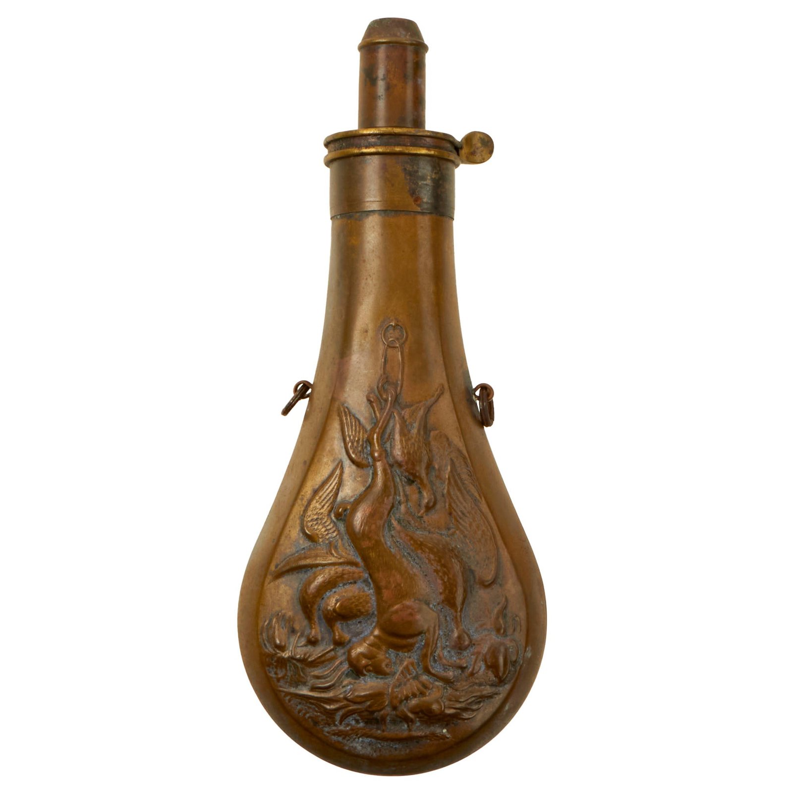 Buy Original U.S. Civil War Era American Flask & Cap Company Embossed Copper Powder Flask “Dead Game” | Original Firearms Antique For Sale