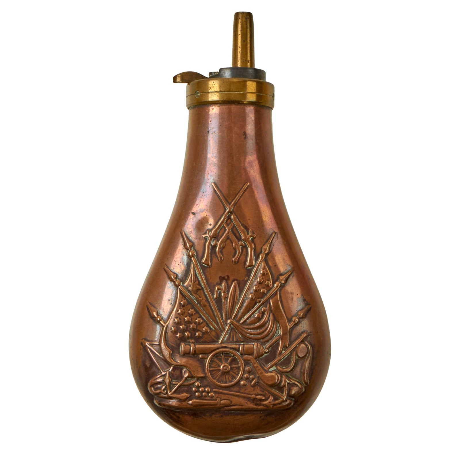 Buy Original U.S. Civil War Era “Display of Arms” Motif Powder Flask with Cannon & Flags | Original Firearms Antique For Sale
