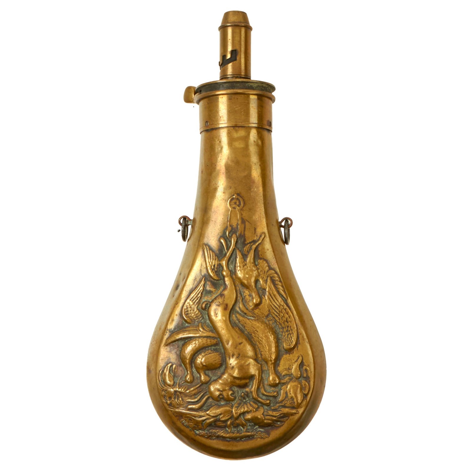 Buy Original U.S. Civil War Era American Flask & Cap Company Embossed Copper Powder Flask “Dead Game” | Original Firearms Antique For Sale