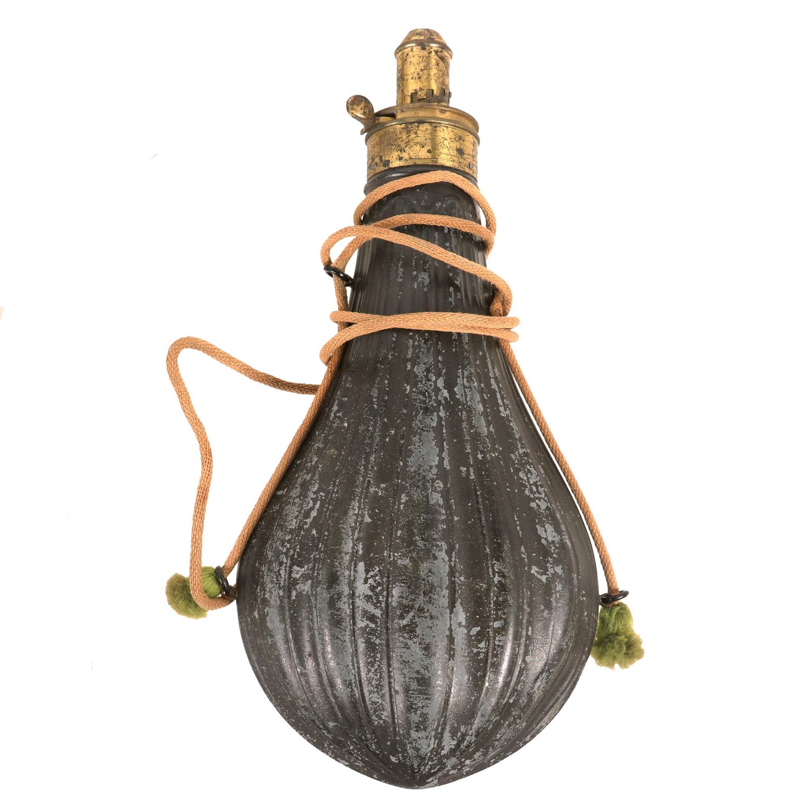 Buy Original U.S. Civil War Era Large Brass Fluted Powder Flask with Carrying Rope | Original Firearms Antique For Sale