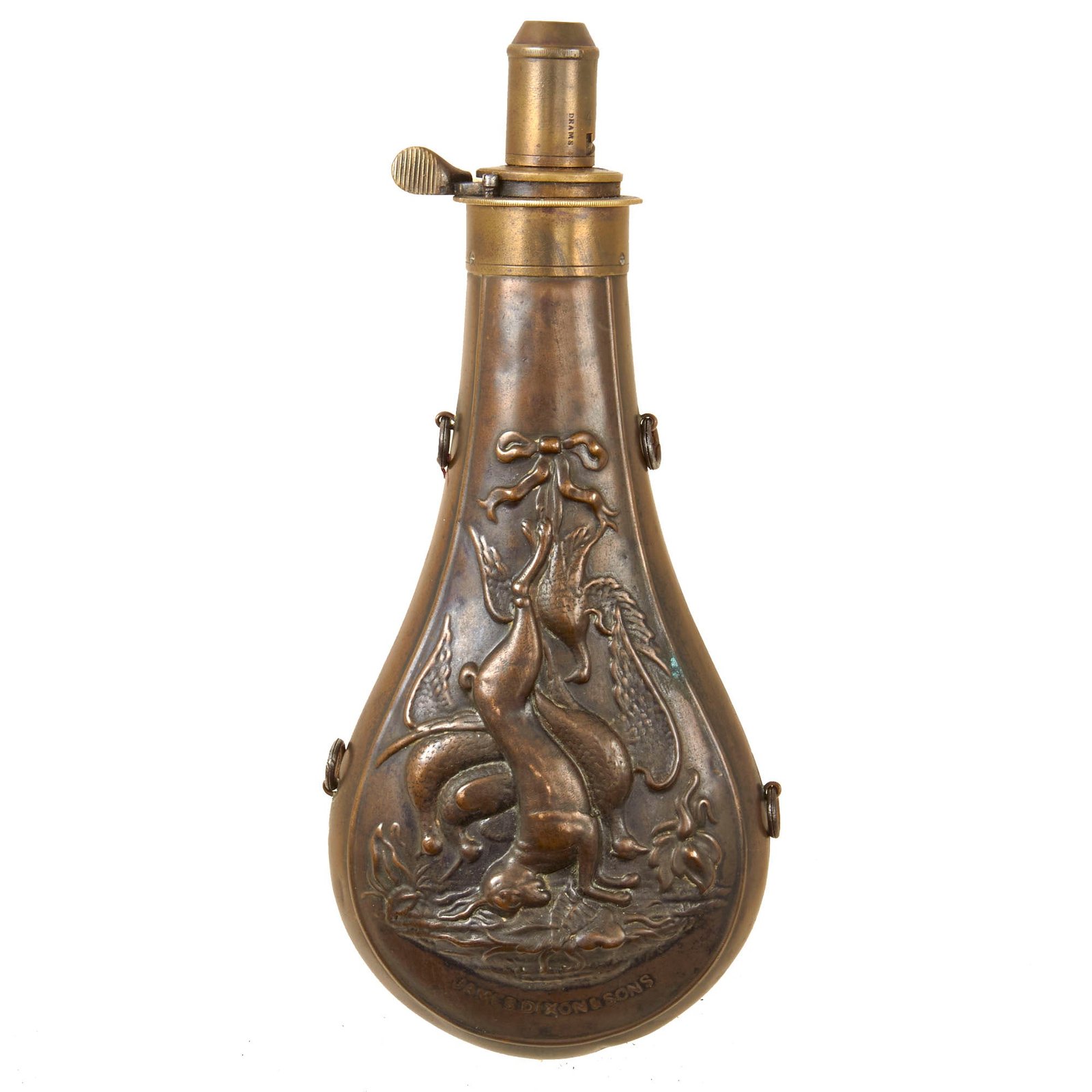 Original British U.S. Civil War Era 1850s James Dixon & Sons Sheffield Brass Powder Flask “Dead Game”