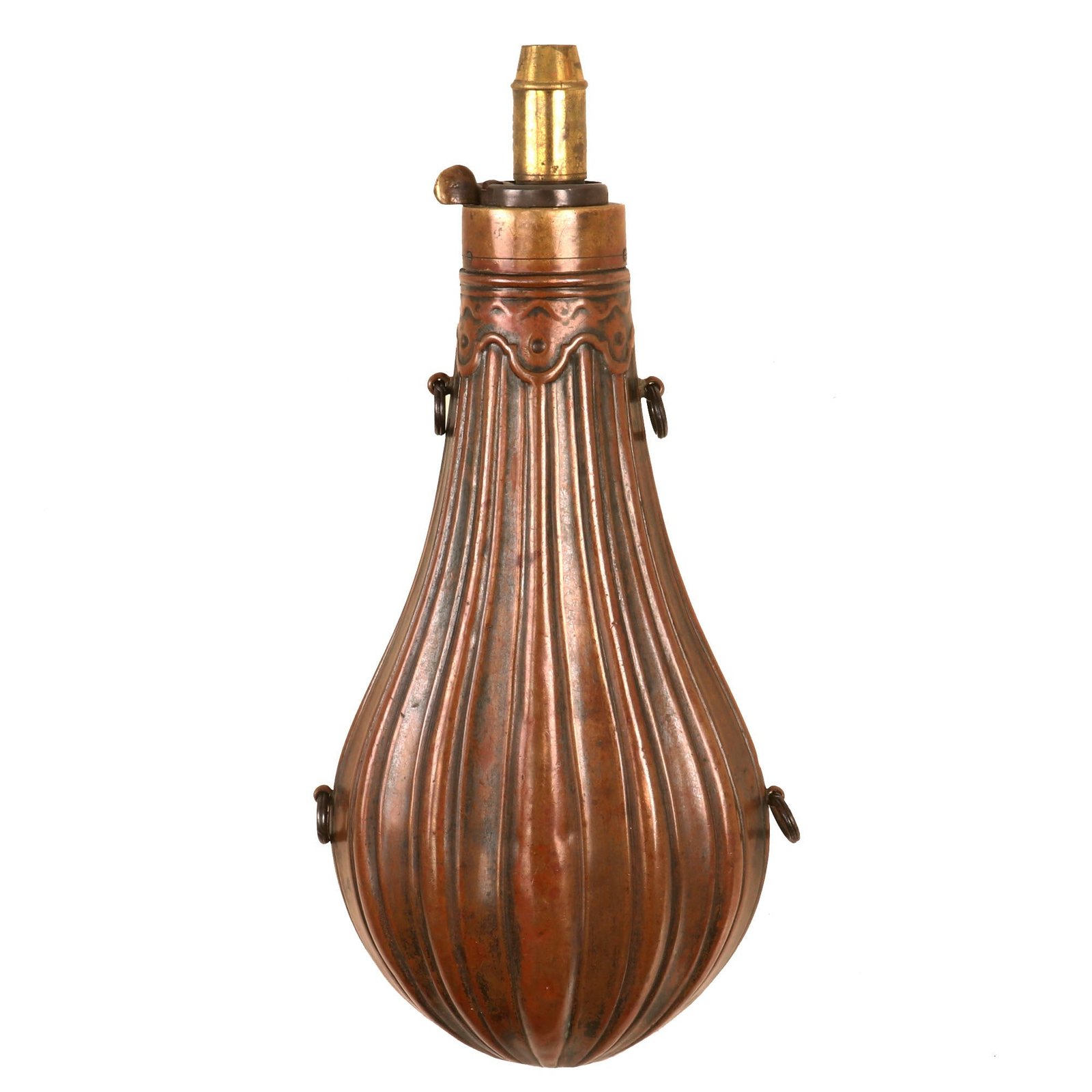 Buy Original British U.S. Civil War 1850s Fluted Panel Brass Powder Flask by Thomas Sykes of Sheffield | Original Firearms Antique For Sale