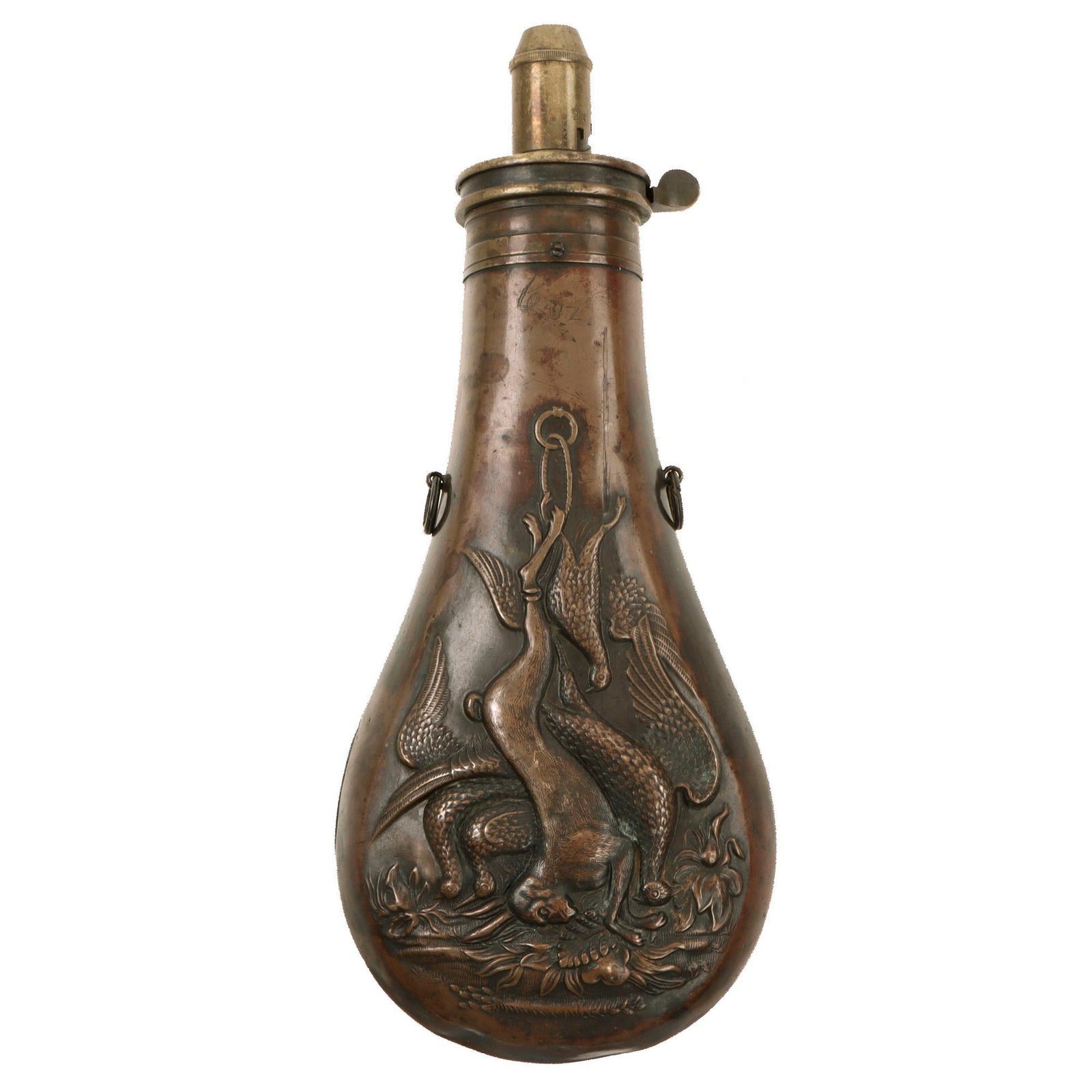 Original British U.S. Civil War Era J. Barlow & Company of Birmingham Embossed Copper Powder Flask “Dead Game”