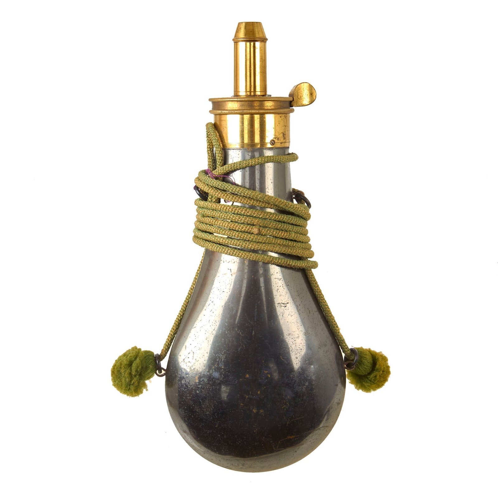 Original U.S. Civil War Era American Flask & Cap Company Plain Japanned Copper Powder Flask with Original Carry Rope