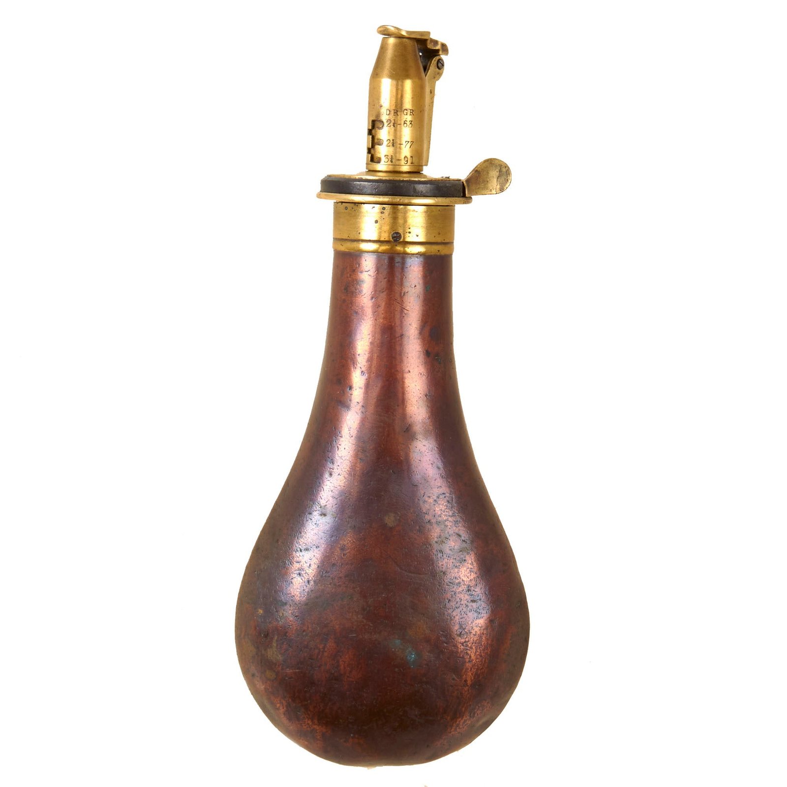 Original British U.S. Civil War Era 1850s Brass Powder Flask by Dixon of Sheffield with Unusual Hinged Covered Spout