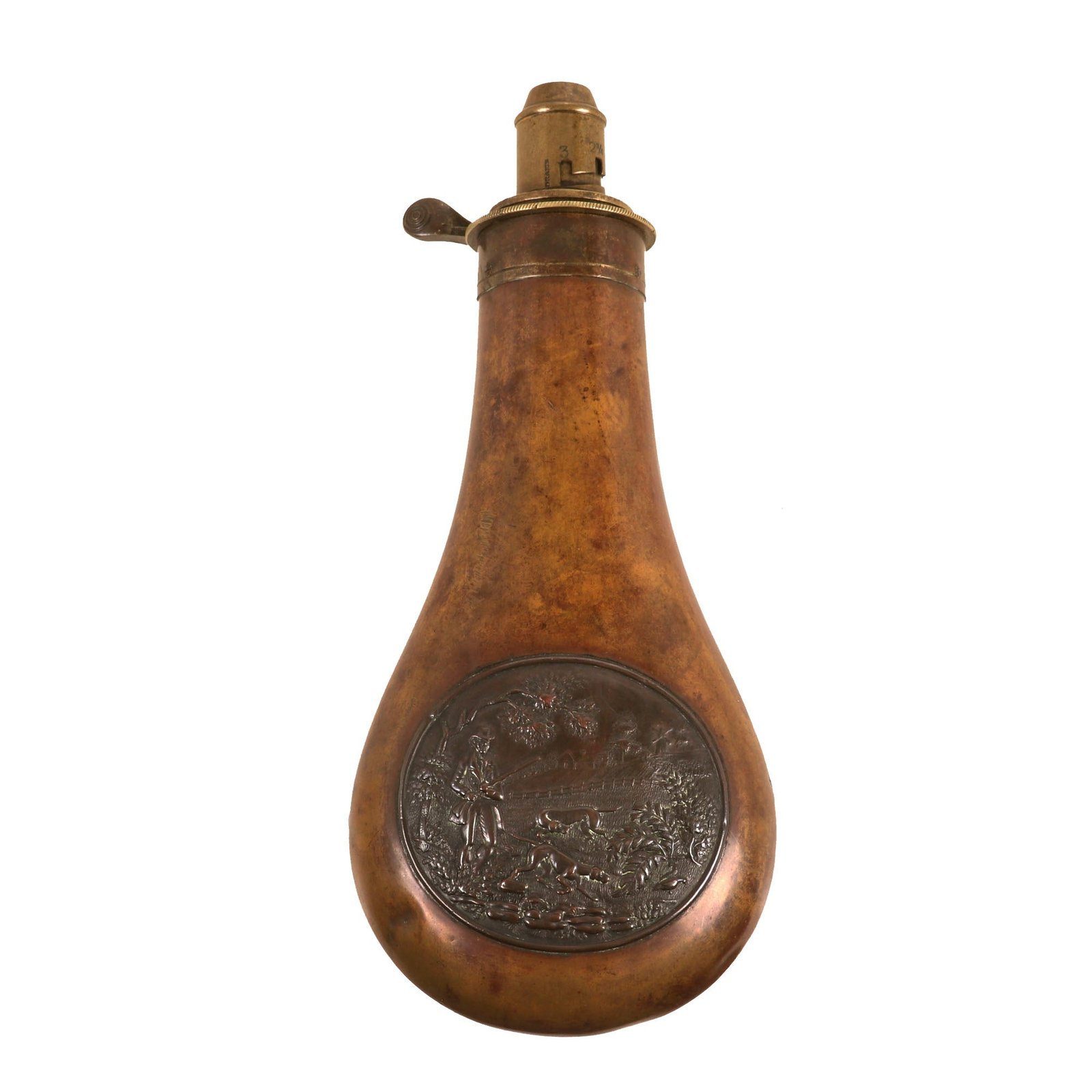 Buy Original British Mid-18th Century Panel “Dog & Hunter” Powder Flask by G. & J.W. Hawksley-Sheffield | Original Firearms Antique For Sale
