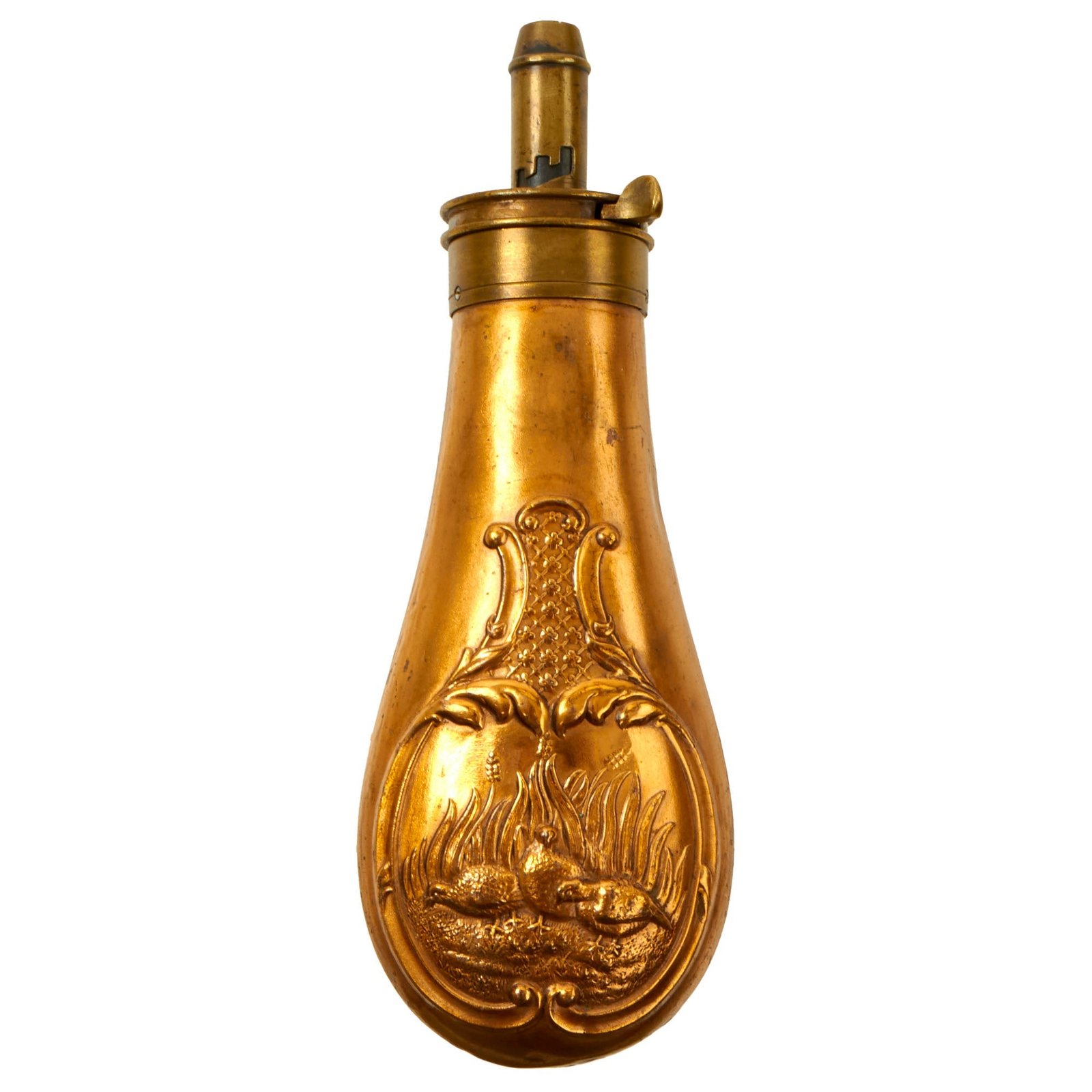 Buy Original U.S. Civil War Ornate Double-Sided Bird Motif Powder Flask by Frary, Benham & Co. | Original Firearms Antique For Sale