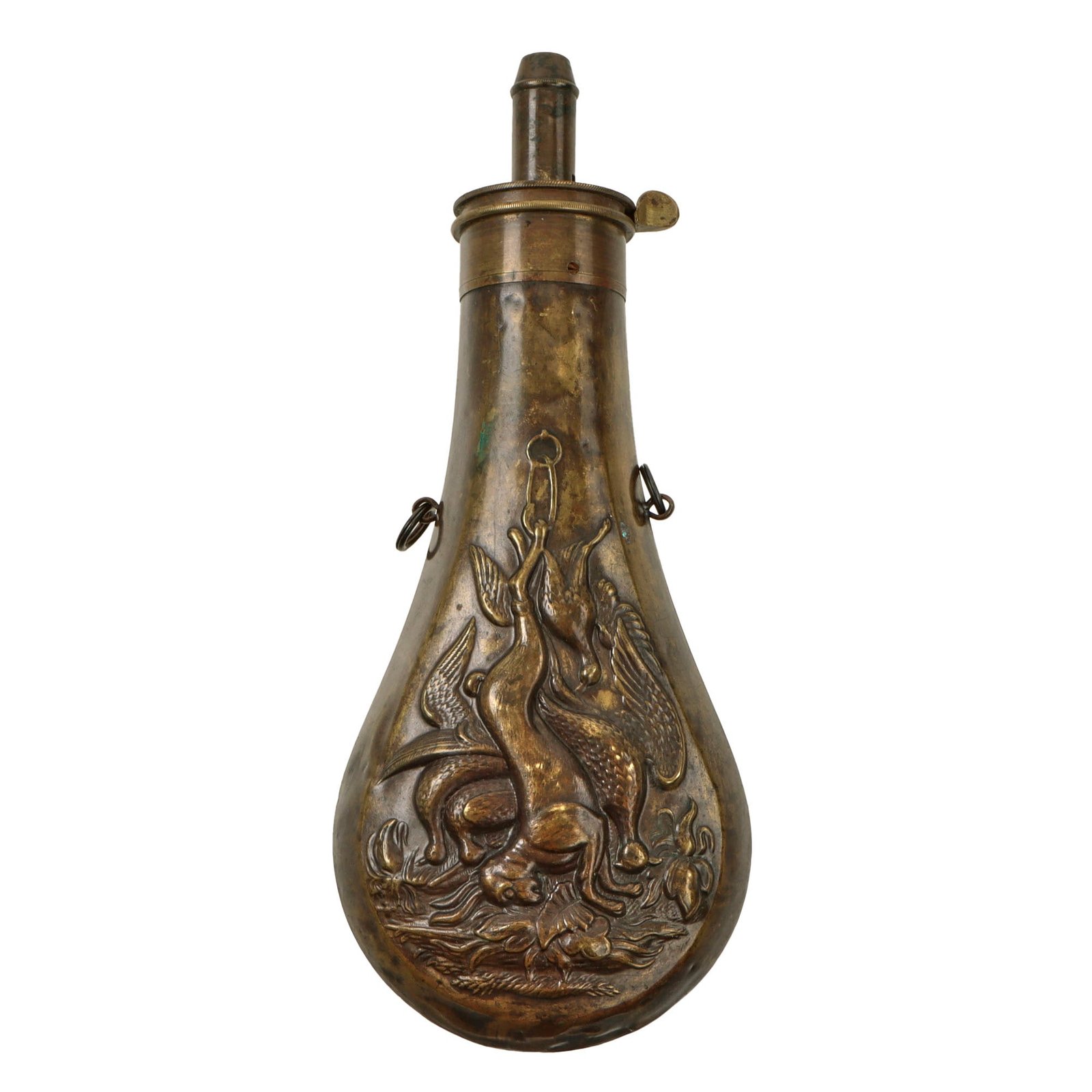 Original U.S. Civil War Era American Flask & Cap Company Embossed Copper Powder Flask “Dead Game”