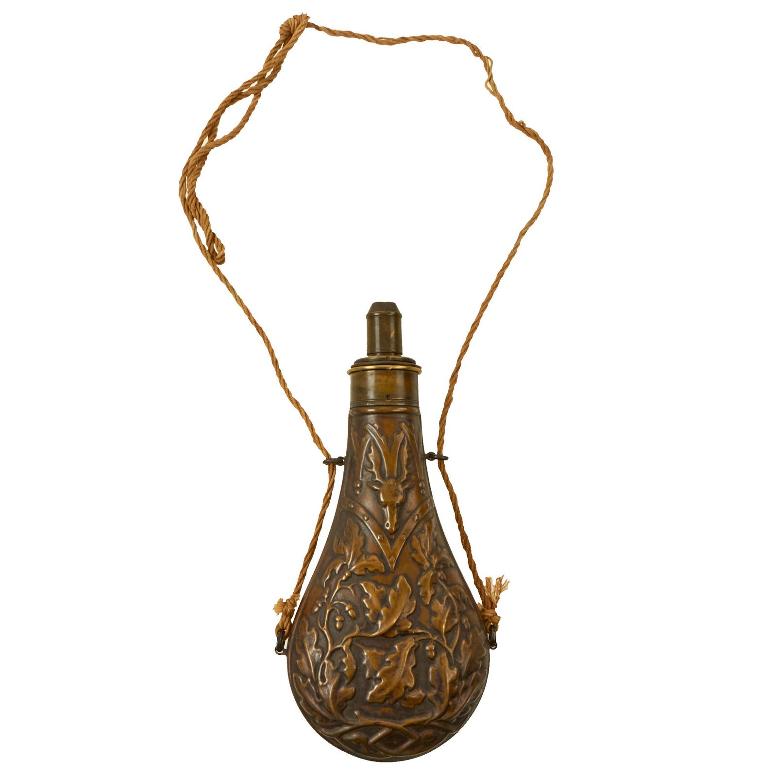 Buy Original U.S. Mexican-American War Era “Stag & Oak Leaf” Powder Flask by G. & J.W. Hawksley-Sheffield with Original Rope Carrying Strap | Original Firearms Antique For Sale