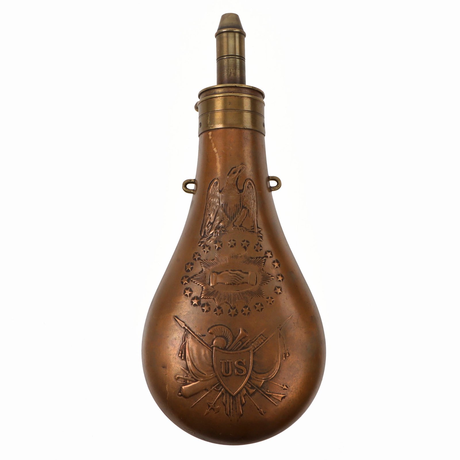 Original U.S. Civil War Copper Batty Peace Powder Flask by Batty Brothers - Dated 1850 - Missing Spring