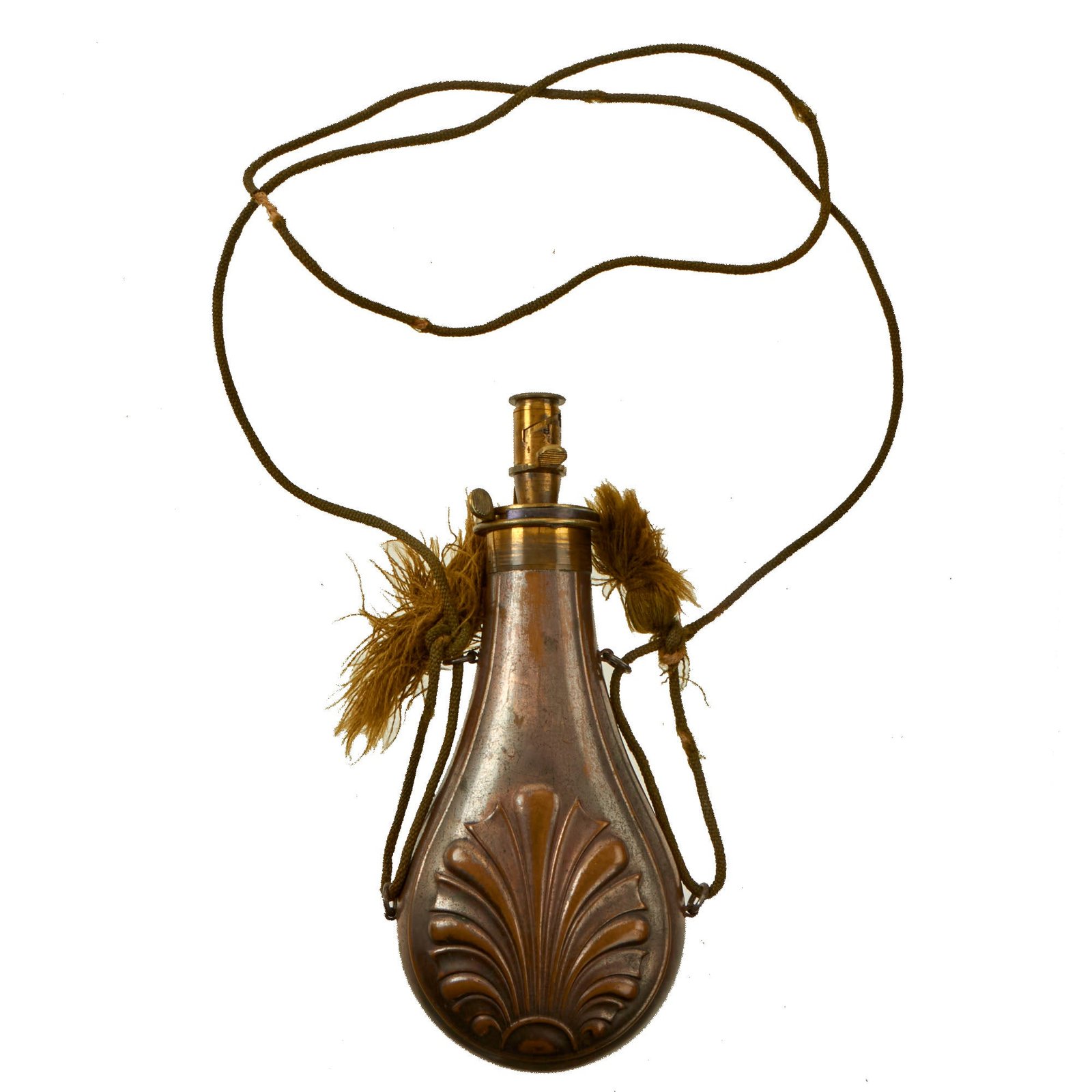 Buy Original British U.S. Civil War Era 1850s Brass Powder Flask by Dixon of Sheffield with Unusual Tipping Charger & Original Carrying Strap | Original Firearms Antique For Sale
