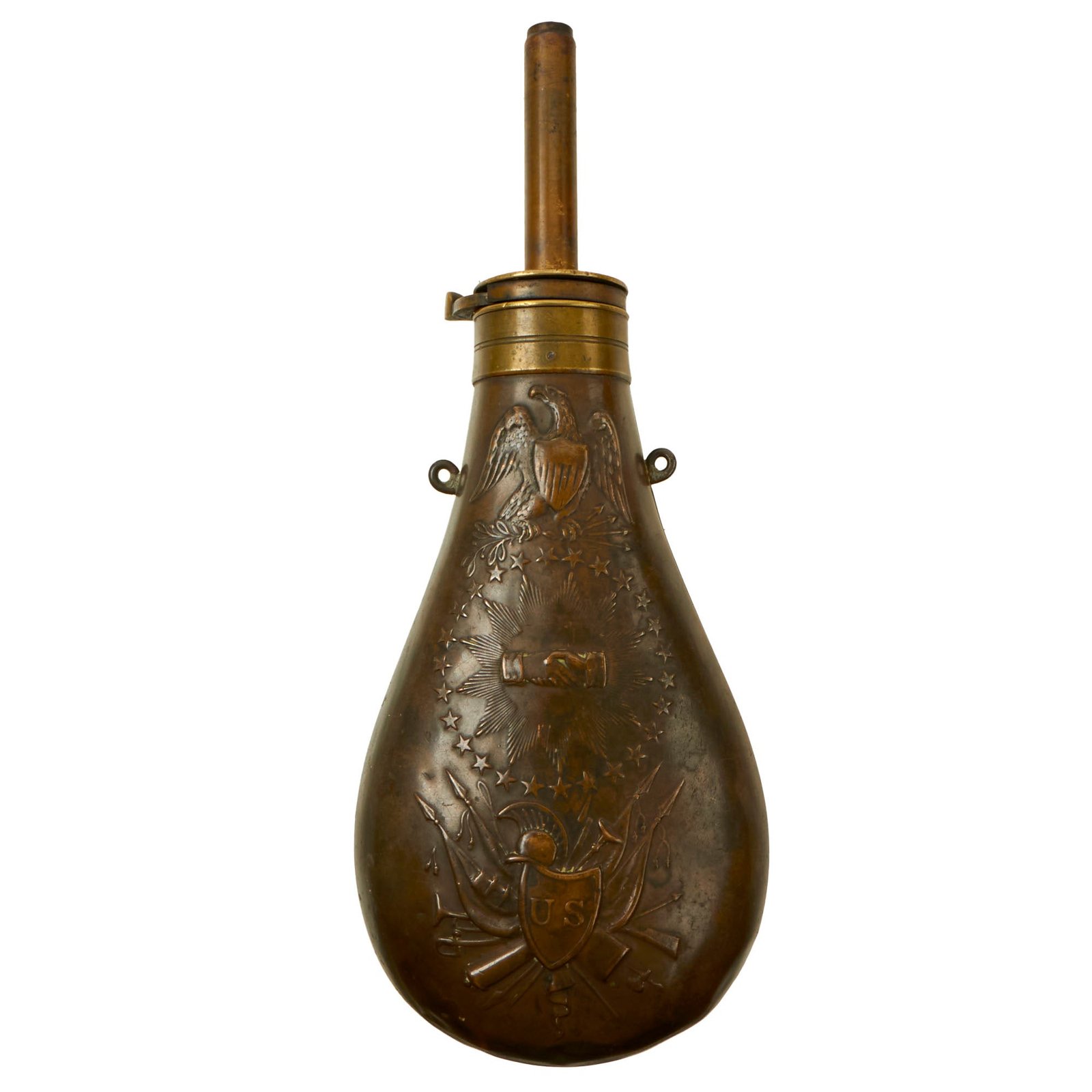 Buy Original U.S. Mexican-American War Copper Batty Peace Powder Flask by N.P. Ames with Broken Spout - Dated 1838 | Original Firearms Antique For Sale