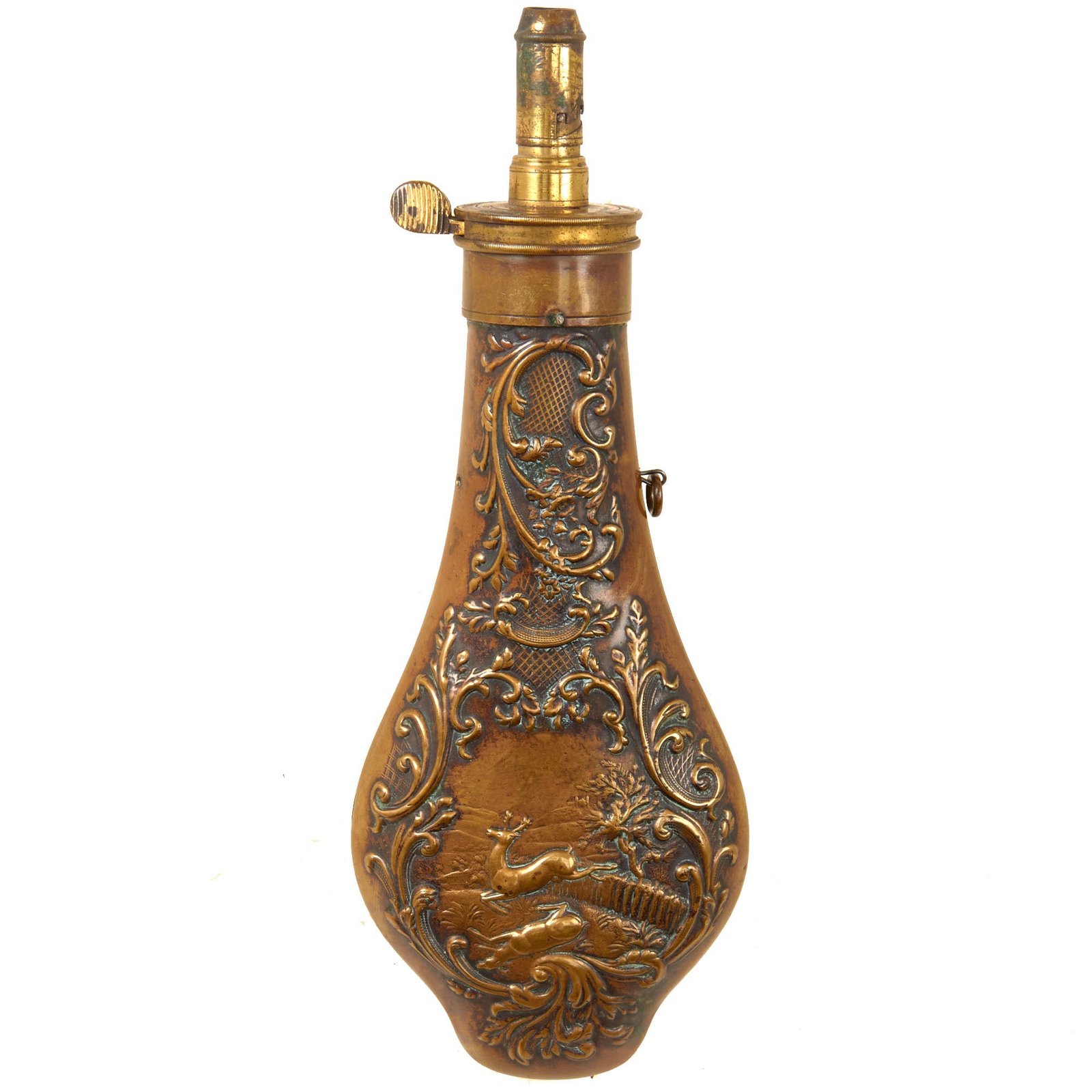 Original U.S. Civil War Era American Flask & Cap Company Unusual Shaped Embossed Hunter Copper Powder Flask - Functional