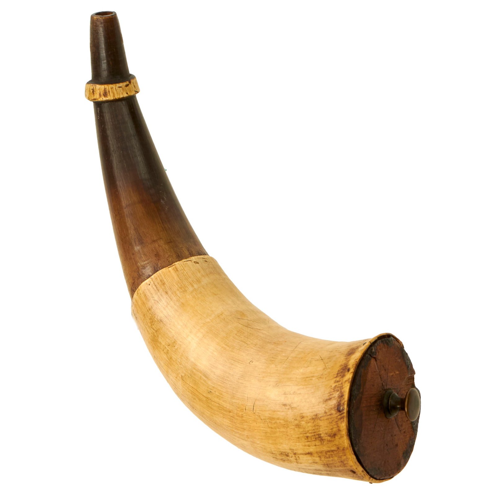 Buy Original U.S. Revolutionary War Era “Two-Tone” Powder Horn with Threaded Flat Plug | Original Firearms Antique For Sale