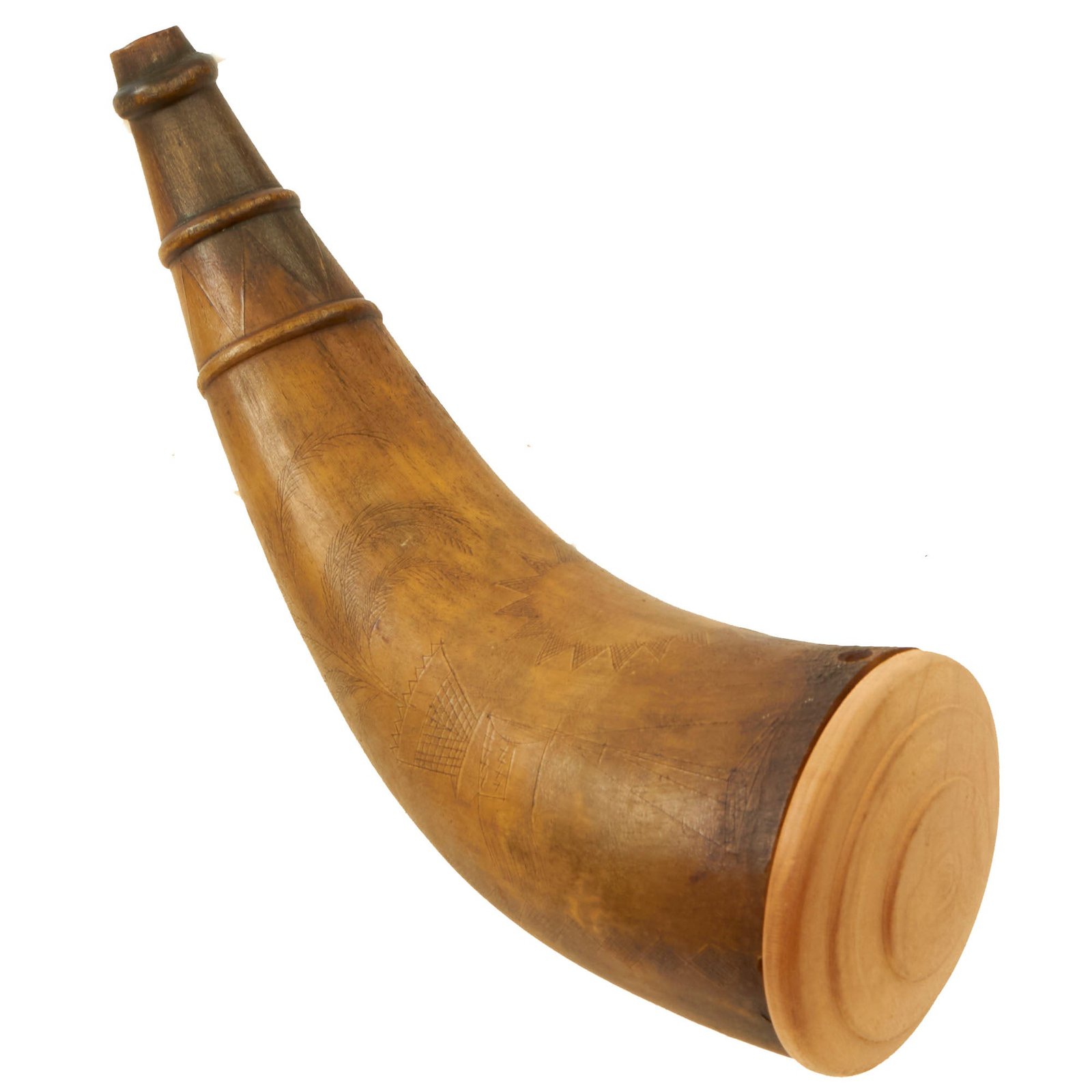 Buy Original Mexican-American War Era Named & Etched Powder Horn with Ship & Floral Motifs - Dated 1836 | Original Firearms Antique For Sale