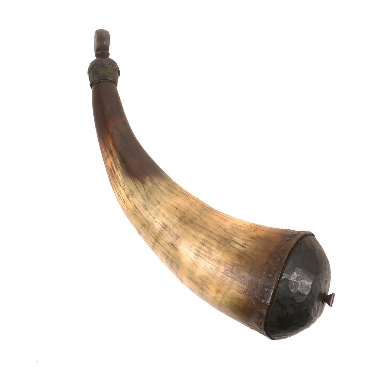 Buy Original U.S. Revolutionary War Era Powder Horn with Original Wooden Plug & 30 Crude Nail Construction | Original Firearms Antique For Sale