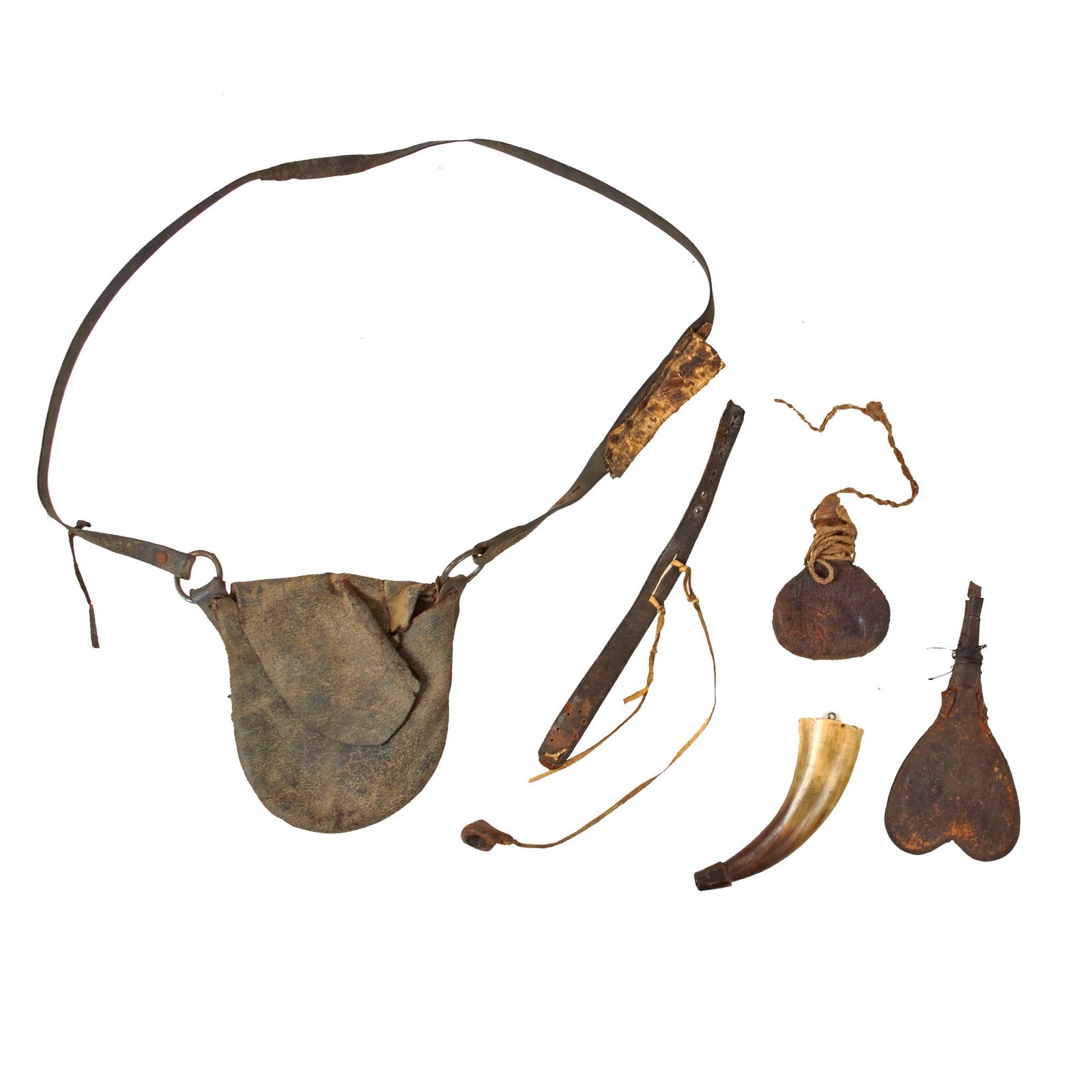 Original U.S. American Revolutionary War Era Rifleman’s Bag Set with Etched Powder Horn & Two Shot Ball Pouches