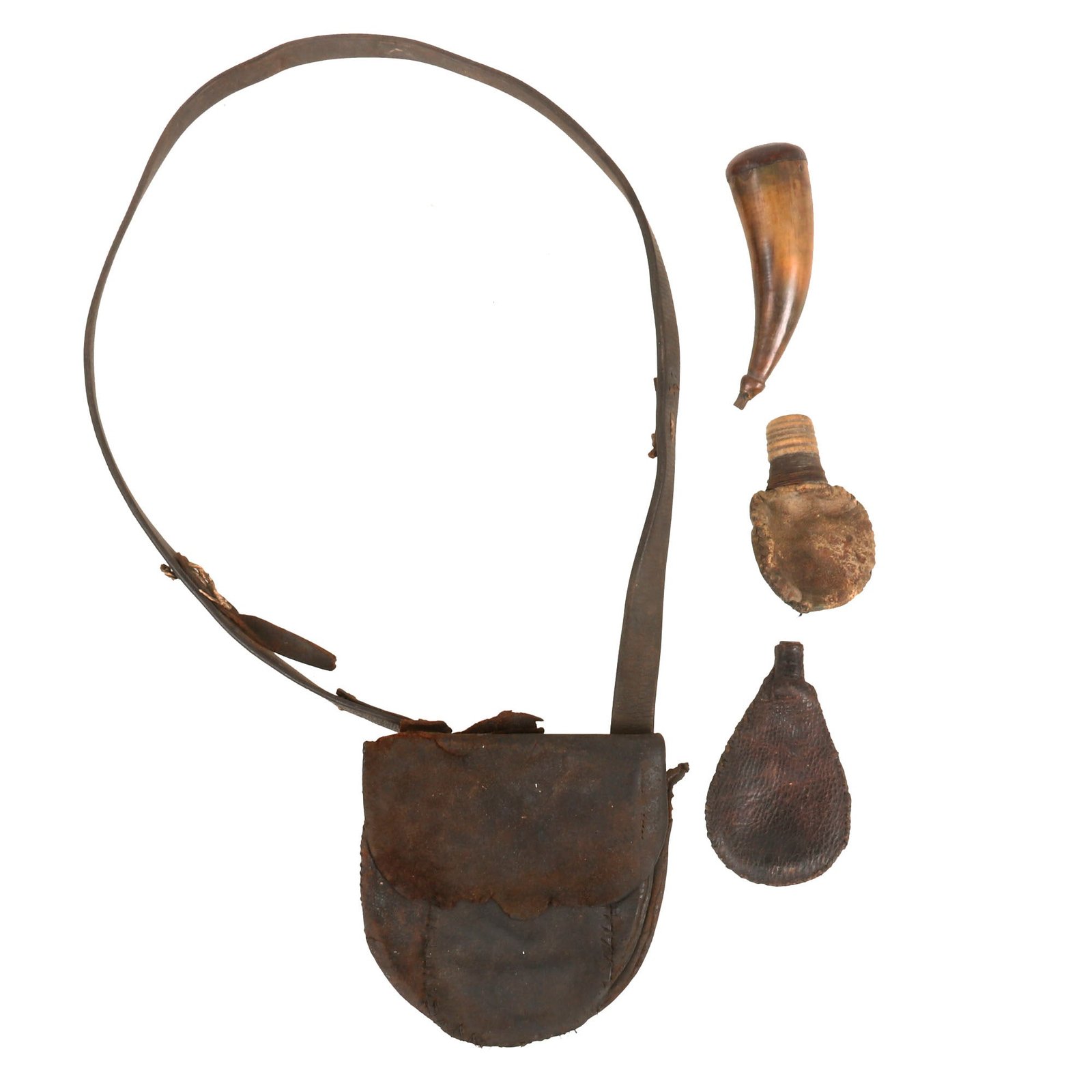 Buy Original U.S. American Revolutionary War Era Rifleman’s Bag Set with Small Powder Horn & Two Shot Pouches | Original Firearms Antique For Sale