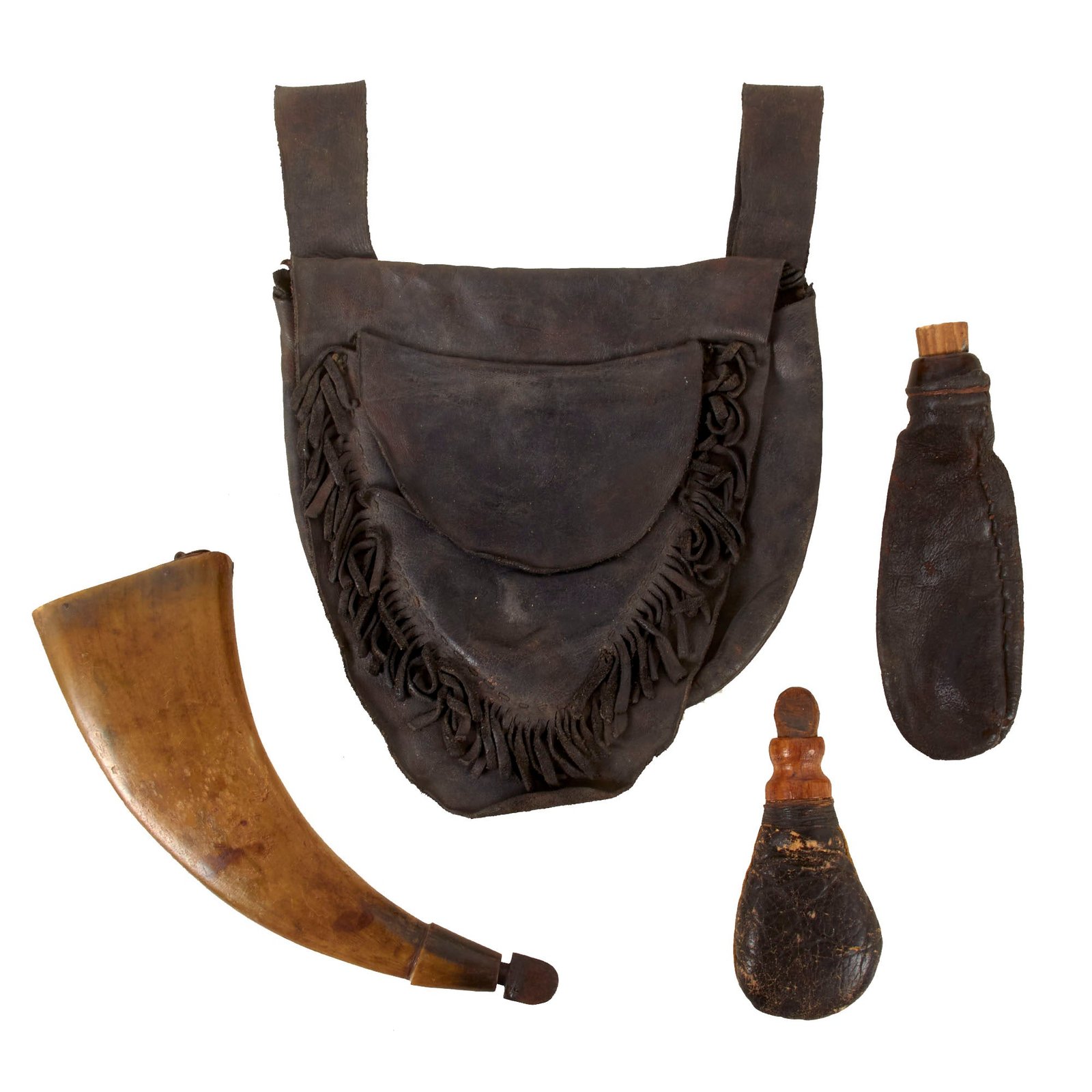 Buy Original U.S. American Revolutionary War Era Rifleman’s Belt Bag Set with Powder Horn & Two Shot Pouches - Glass Spout on Pouch | Original Firearms Antique For Sale