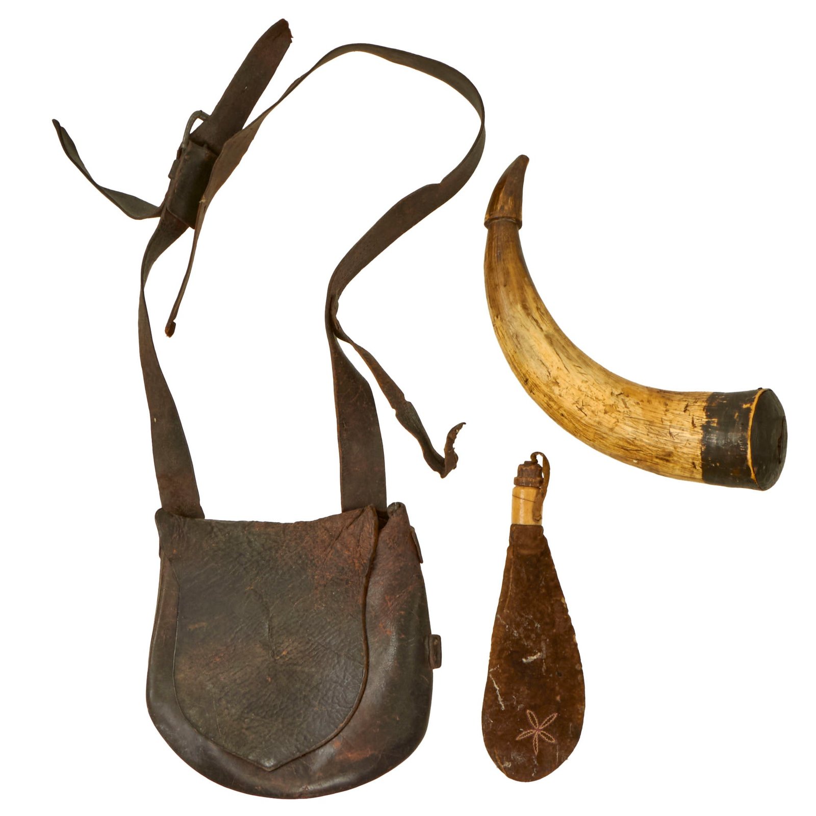 Buy Original U.S. American Revolutionary War Era Rifleman’s Bag Set with Powder Horn & Gorgeous Shot Pouch | Original Firearms Antique For Sale