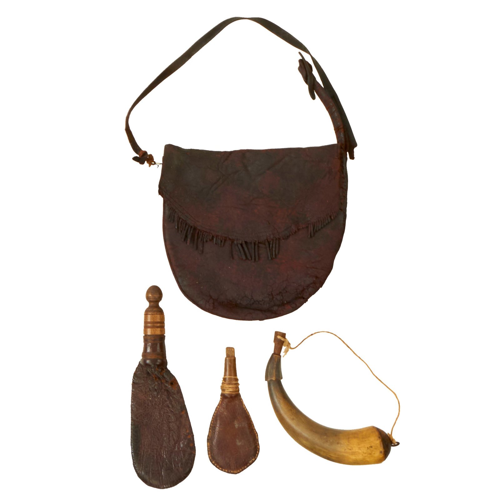 Buy Original U.S. American Revolutionary War Era Rifleman’s Bag Set with Powder Horn & Two Shot Pouches | Original Firearms Antique For Sale