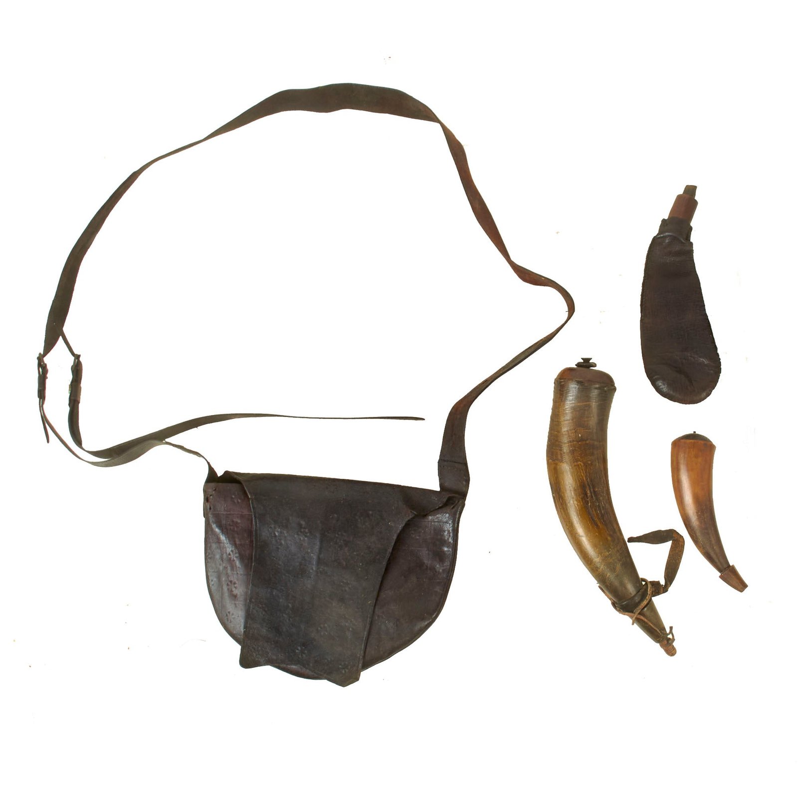 Buy Original U.S. American Revolutionary War Era Outstanding Rifleman’s Bag Set with Two Powder Horns & Shot Pouch - Fantastic Carved Stopper on Powder Horn | Original Firearms Antique For Sale