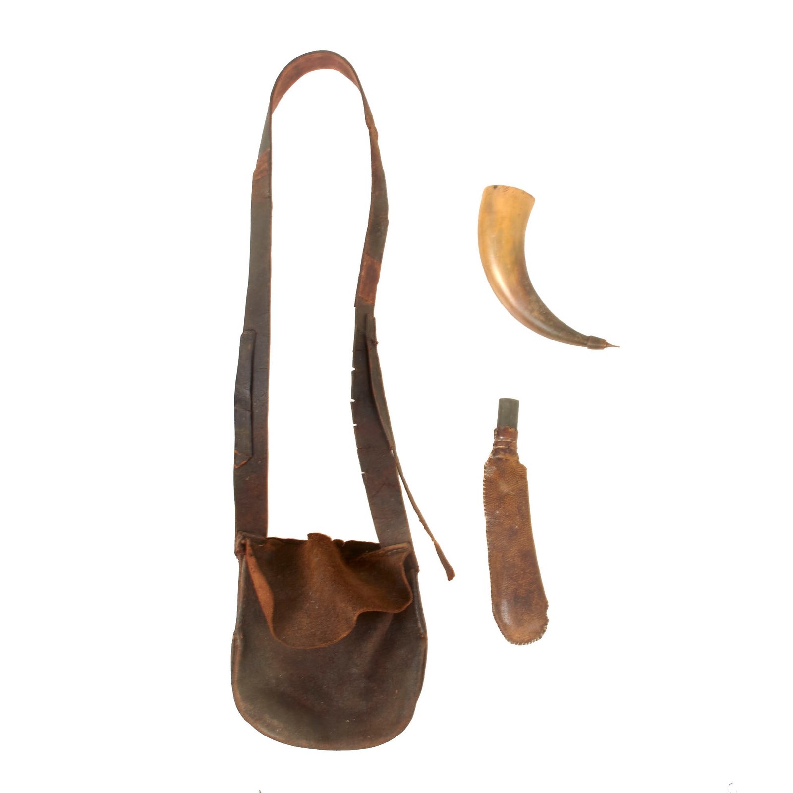 Buy Original U.S. American Revolutionary War Era Rifleman’s Bag Set with Small Powder Horn & Shot Pouch with Pewter Spout | Original Firearms Antique For Sale