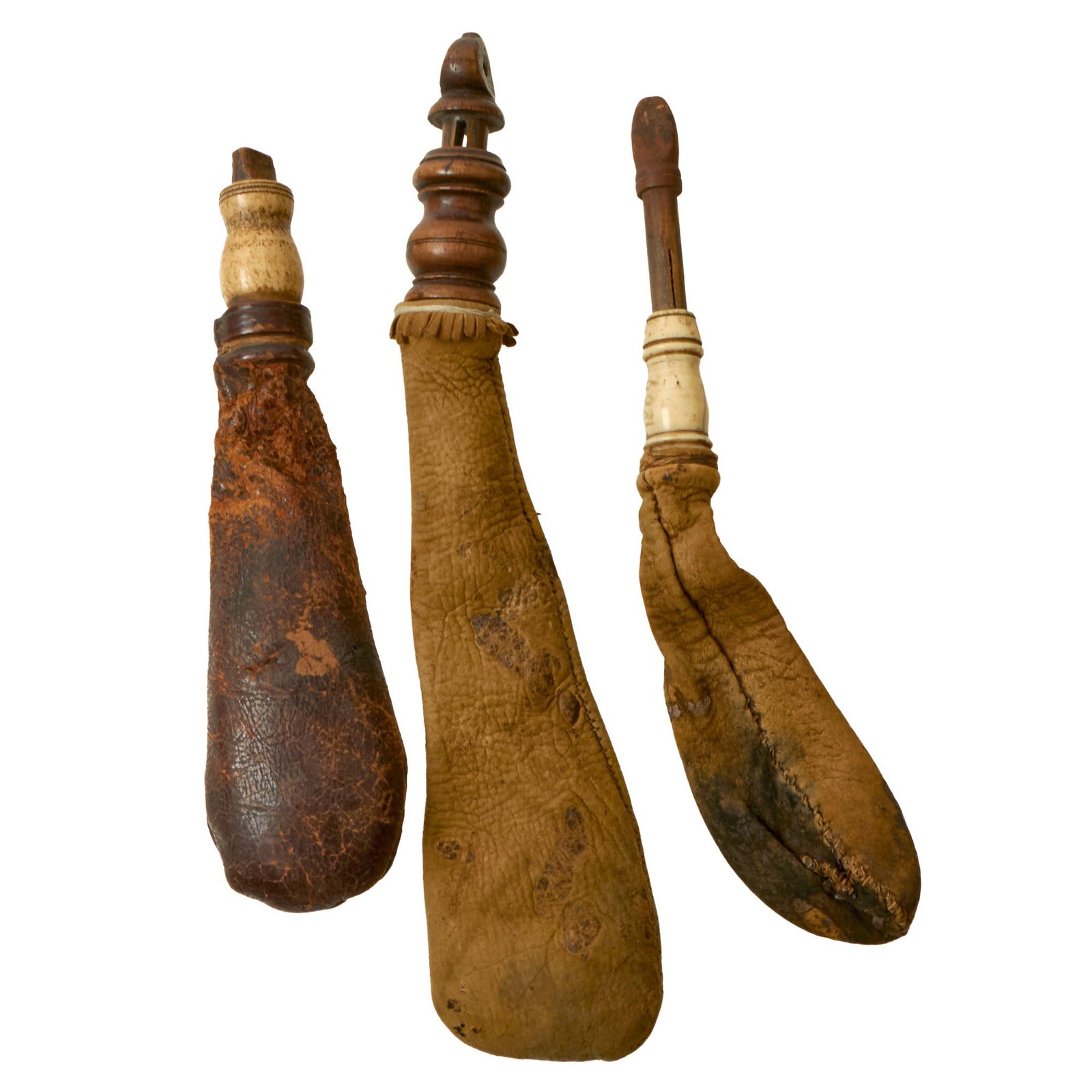 Buy Original U.S. or British War of 1812 Era Shot Bags with Bone Spouts & Wooden Plugs - Dated 1809 - Lot of Three | Original Firearms Antique For Sale