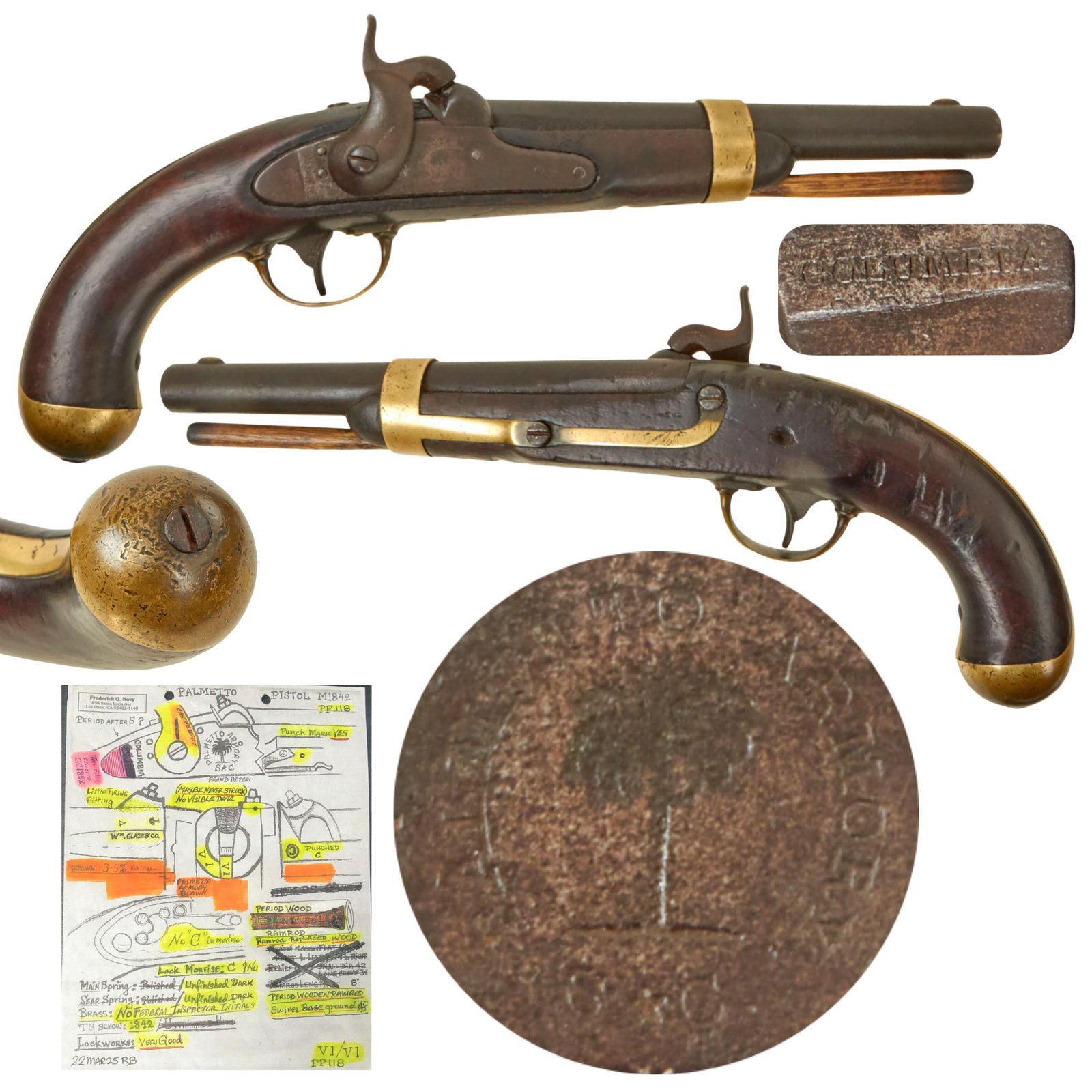 Buy Original Rare U.S. Civil War Confederate M-1842 Percussion Cavalry Pistol by Palmetto Armory with Illustrated Research by Expert Frederick G. Novy - One of 2,000 Made | Original Firearms Antique For Sale