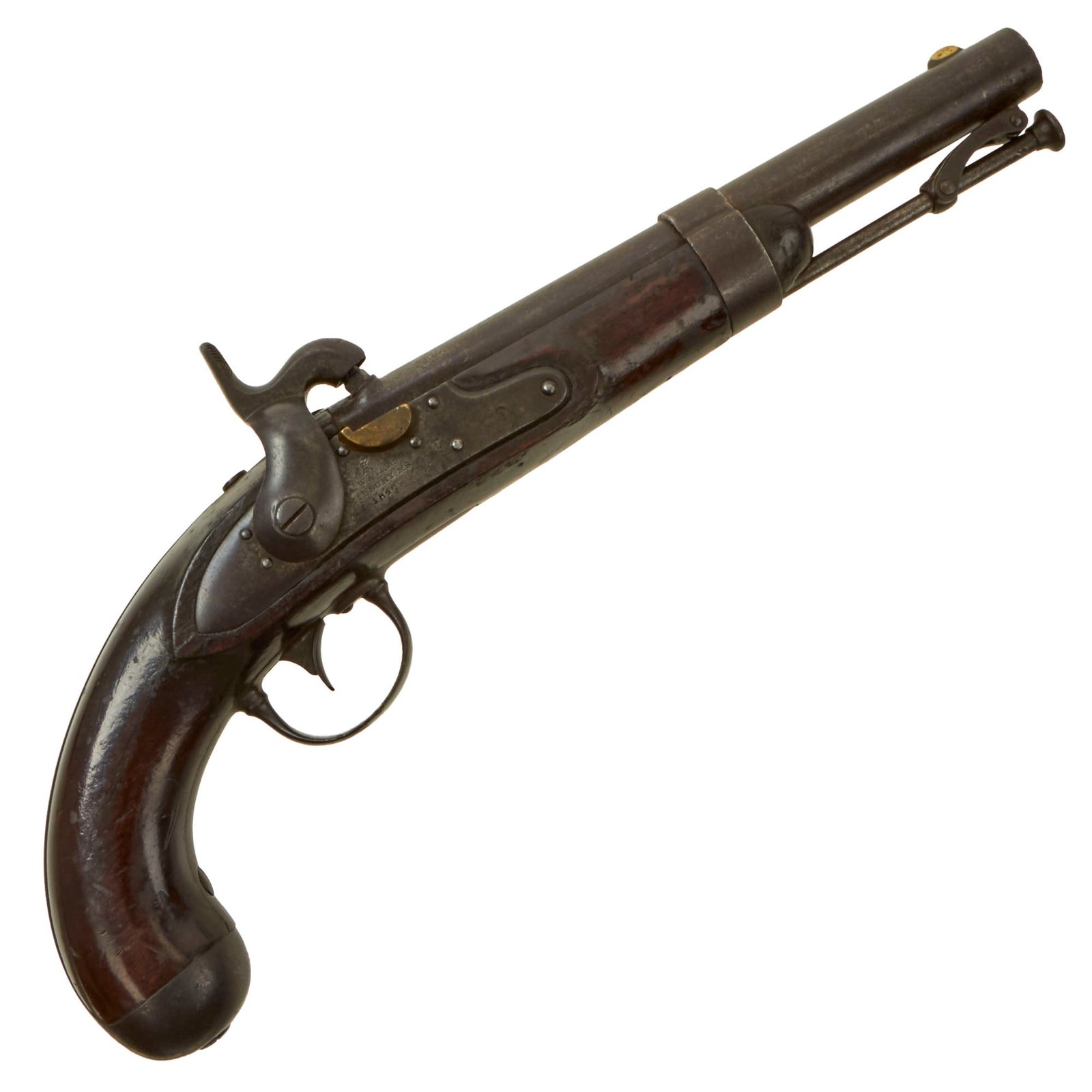 Buy Original U.S. Model 1836 Flintlock Cavalry Pistol by Asa Waters Converted to Percussion with Multiple Cartouches - dated 1842 | Original Firearms Antique For Sale